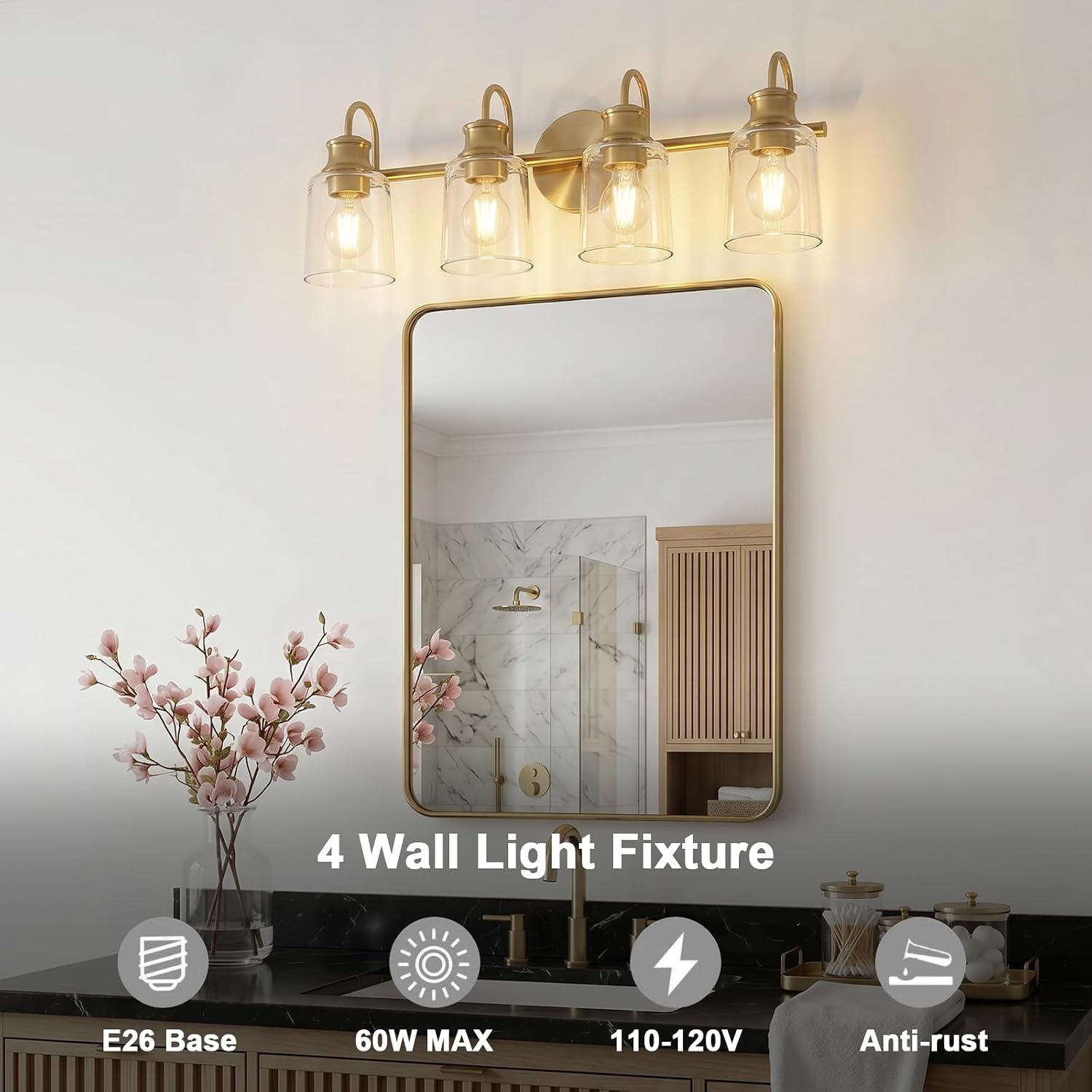 4 Lights Bathroom Light Fixtures Modern Gold Vanity Lights for Bathroom Lighting Fixtures Over Mirror with Clear Glass Shade for Cabinet Mirror Bedroom Hallway