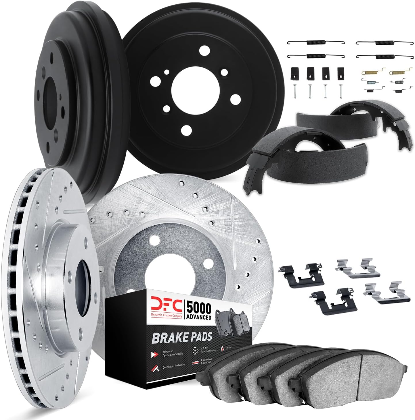 Dynamic Friction Company Front and Rear Brake Kit Fits 2011-2019 Ford Fiesta; 2016-2017 Ford Figo| 5000 Advanced Pads, Drilled Slotted Rotors| Hardware, Drum, Shoes