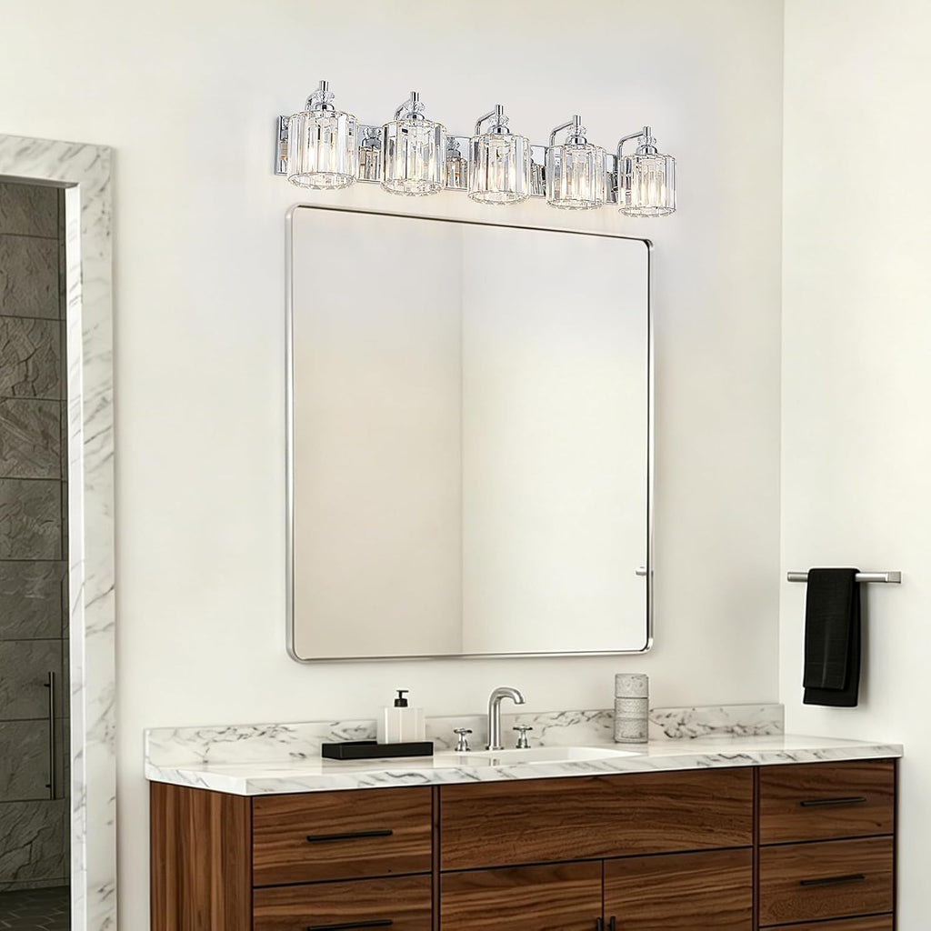 5-Light Modern Bathroom Light Fixture Chrome Bathroom Vanity Lights Over Mirror Wall Sconce Lighting with K9 Crystal Shades E26 Base for Bedroom, Living Room, Hallway Wall Lamp