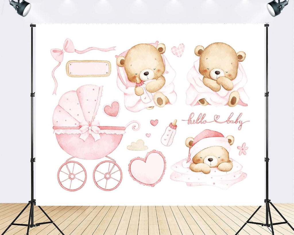 Trykid 20x10ft Hello Baby Photography Backdrop Baby Shower Party Decorations Background Pink Teddy Bear Newborn Kids Gender Neutral Theme Party Supplies Photoshoot Studio Props Fabric