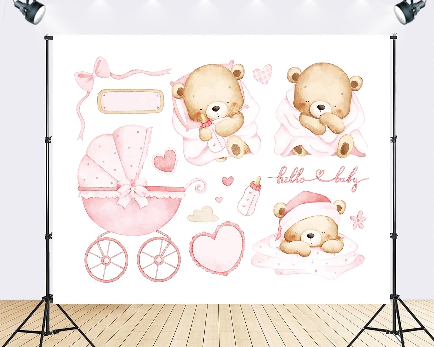 Trykid 20x10ft Hello Baby Photography Backdrop Baby Shower Party Decorations Background Pink Teddy Bear Newborn Kids Gender Neutral Theme Party Supplies Photoshoot Studio Props Fabric