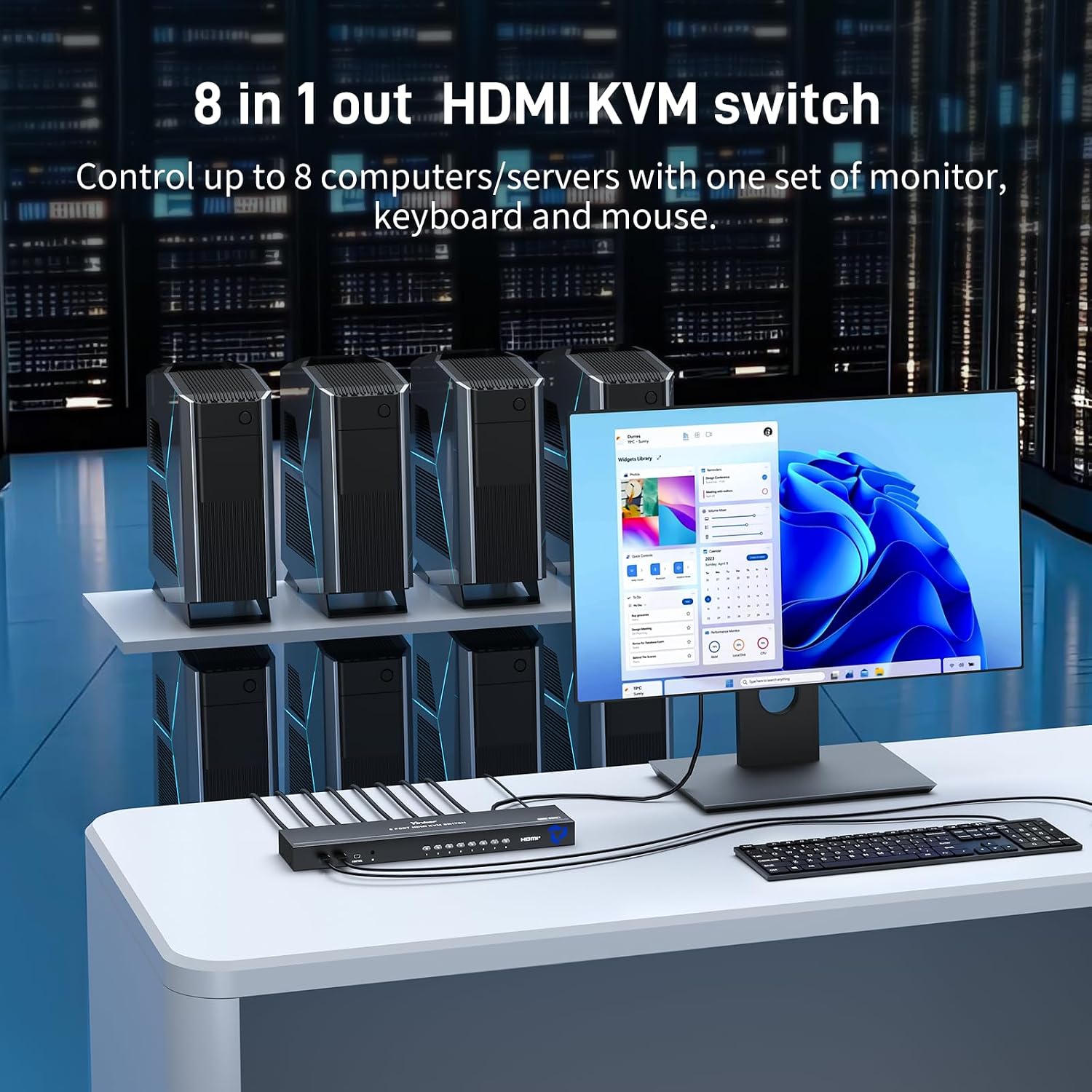 8 Port HDMI KVM Switch, Yinker 4K@60Hz 2K@144Hz USB Rack Mount KVM HDMI Switch w/8 Pack KVM Cables, Support RGB 4:4:4, HDCP 2.2, 3.5mm Audio, 4 USB 2.0, IR Remote