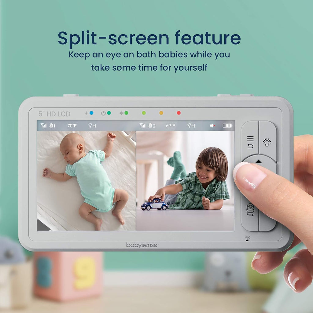 Babysense 5' HD Split-Screen Baby Monitor, Video Baby Monitor with Camera and Audio, Three HD Cameras with Remote PTZ, Night Light, 960ft Range, Two-Way Audio, 4X Zoom, Night Vision, 4000mAh Battery