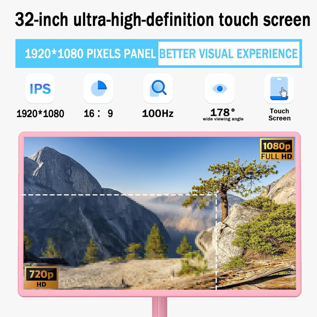 32' FHD Smart Portable TV, Rolling TV on Wheels, Android 15 OS, 8G +128GB Storage, Portable Touch Screen Monitor, EDLA Certified, 8MP Camera, 6–8 Hour Battery, Swivel Design, Voice Remote