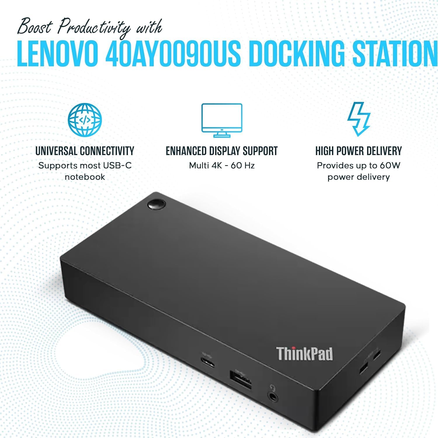 40AY0090US Lenovo Thinkpad Docking Station Dual Monitor - Supports 4K Display, Thinkpad Dock with 90W, HDMI, DP, USB C Cables - Lenovo Docking Station