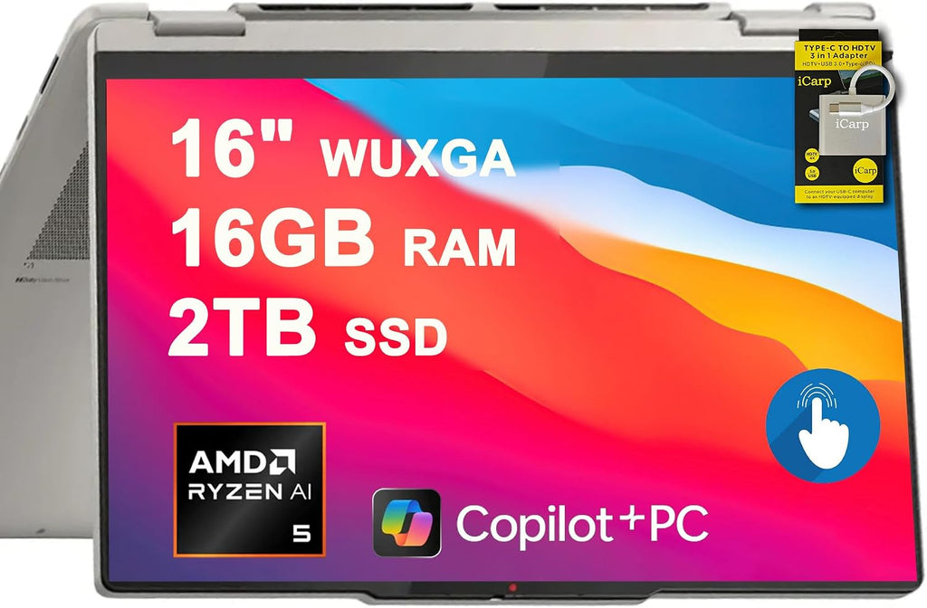 Lenovo Yoga 7 2-in-1 Laptop 16' WUXGA IPS Touch (Glossy Anti-Fingerprint) AMD 6-core Ryzen AI 5 340 (Up to 50 Tops) 16GB RAM 2TB SSD Pen for Creator Business Professional Win11 ICP Hub