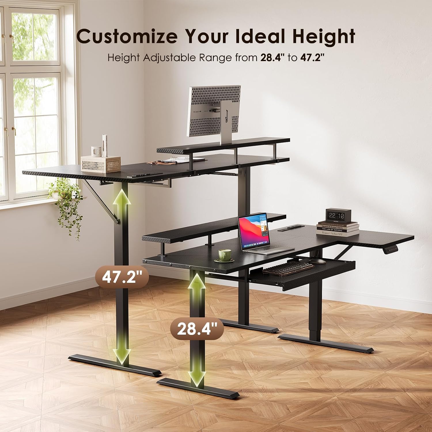OffiGo 55 Inch L Shaped Electric Standing Desk with Keyboard Tray, Reversible Height Adjustable Corner Computer Desk with Monitor Stand, Sit Stand Up Lift Table for Home, Office, Carbon Fiber Black
