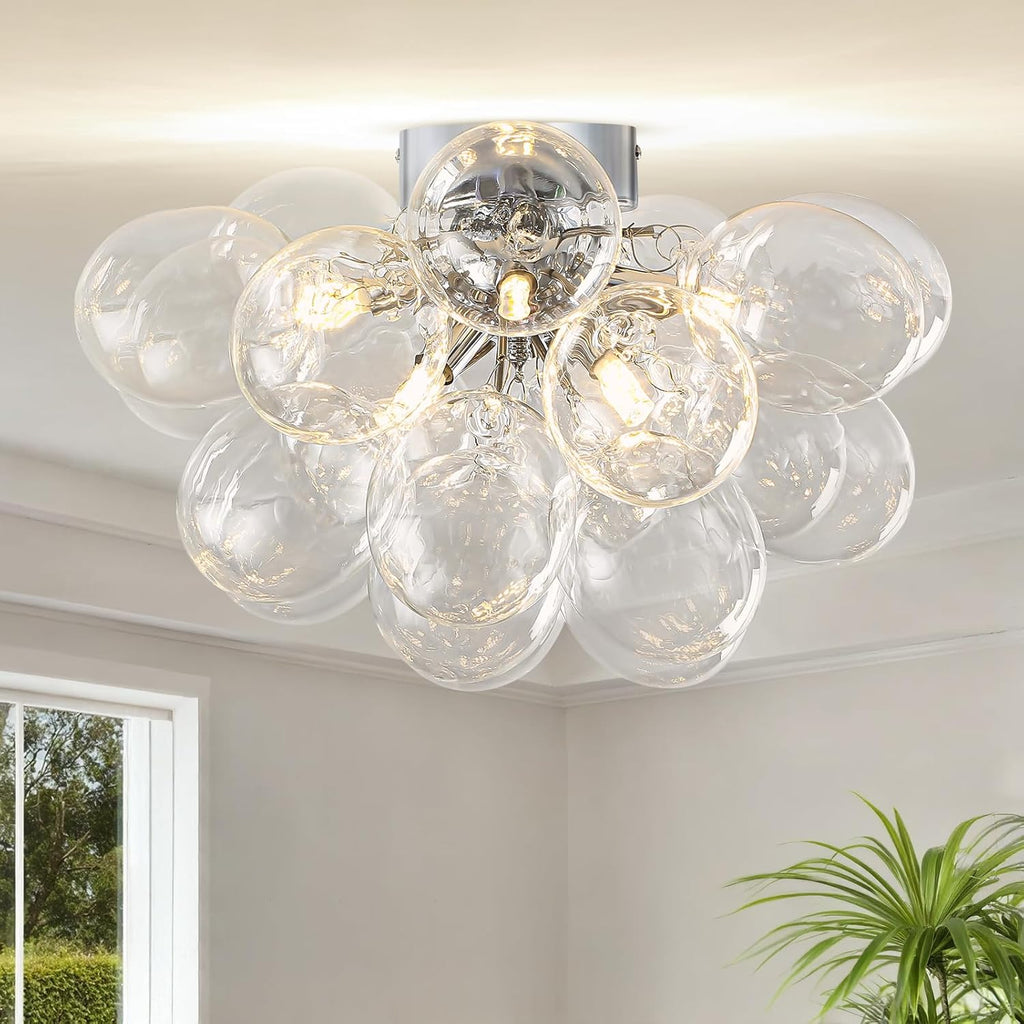 8-Light Chrome Flush Mount Ceiling Light, 16' Glass Bubble Ball Chandelier with 21 Clear Balls, Modern Globe Dining Room Light Fixture for Bedroom, Living Room, Hallway, Entry, Bathroom