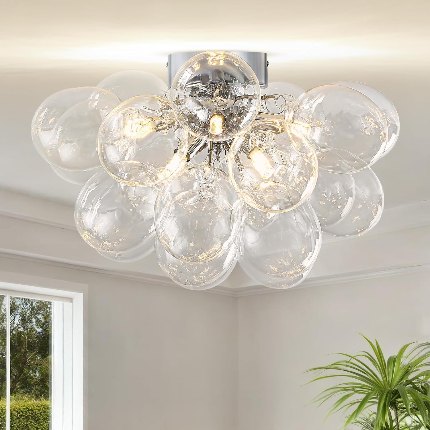 8-Light Chrome Flush Mount Ceiling Light, 16' Glass Bubble Ball Chandelier with 21 Clear Balls, Modern Globe Dining Room Light Fixture for Bedroom, Living Room, Hallway, Entry, Bathroom