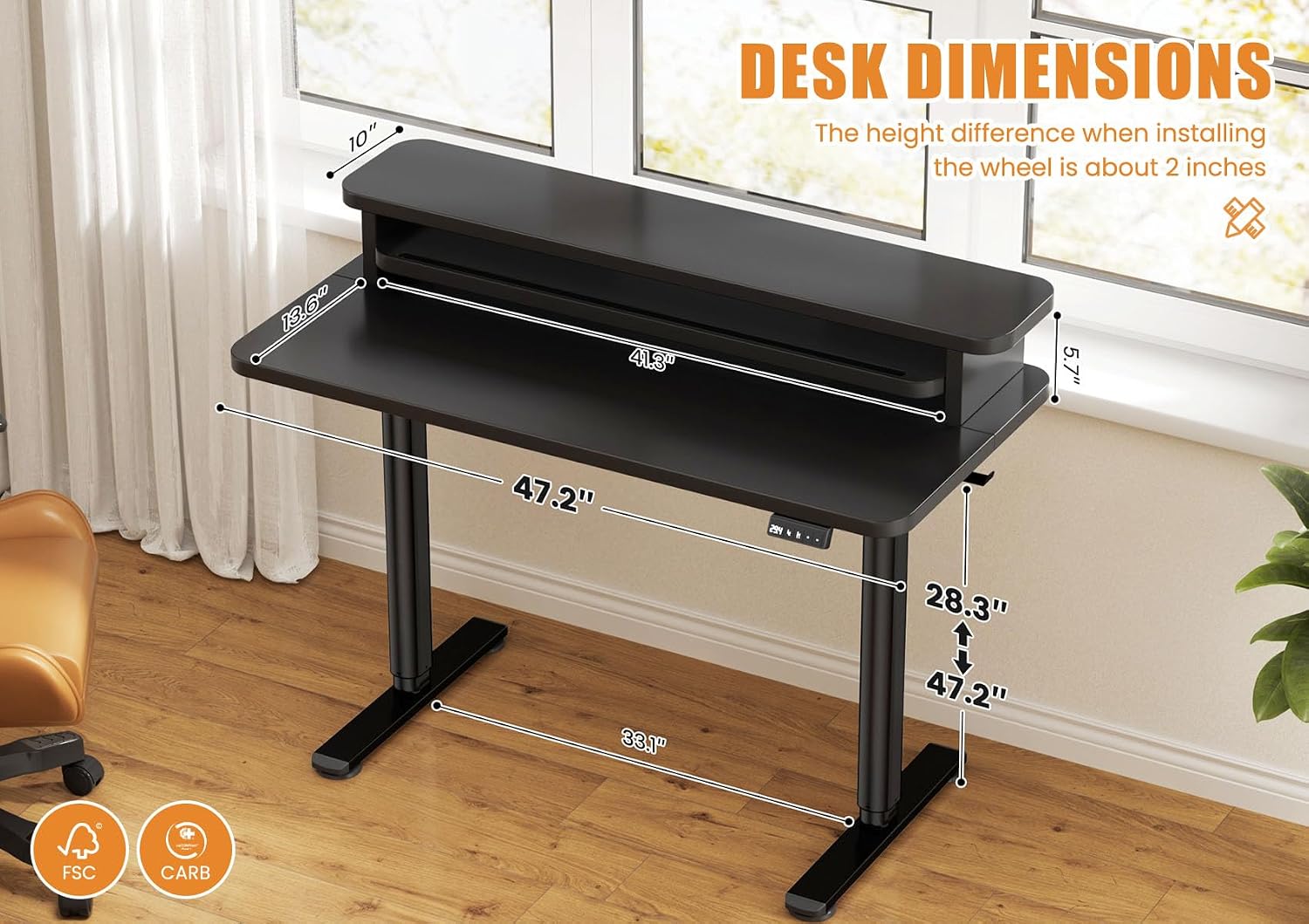 Flycity Electric Standing Desk with Dual Monitor Stand, Height Adjustable Desk Sit Stand Desk with Memory Controller, Casters & 2 Hooks, Low Noise Home Office Desk (Black, 48' x 24')