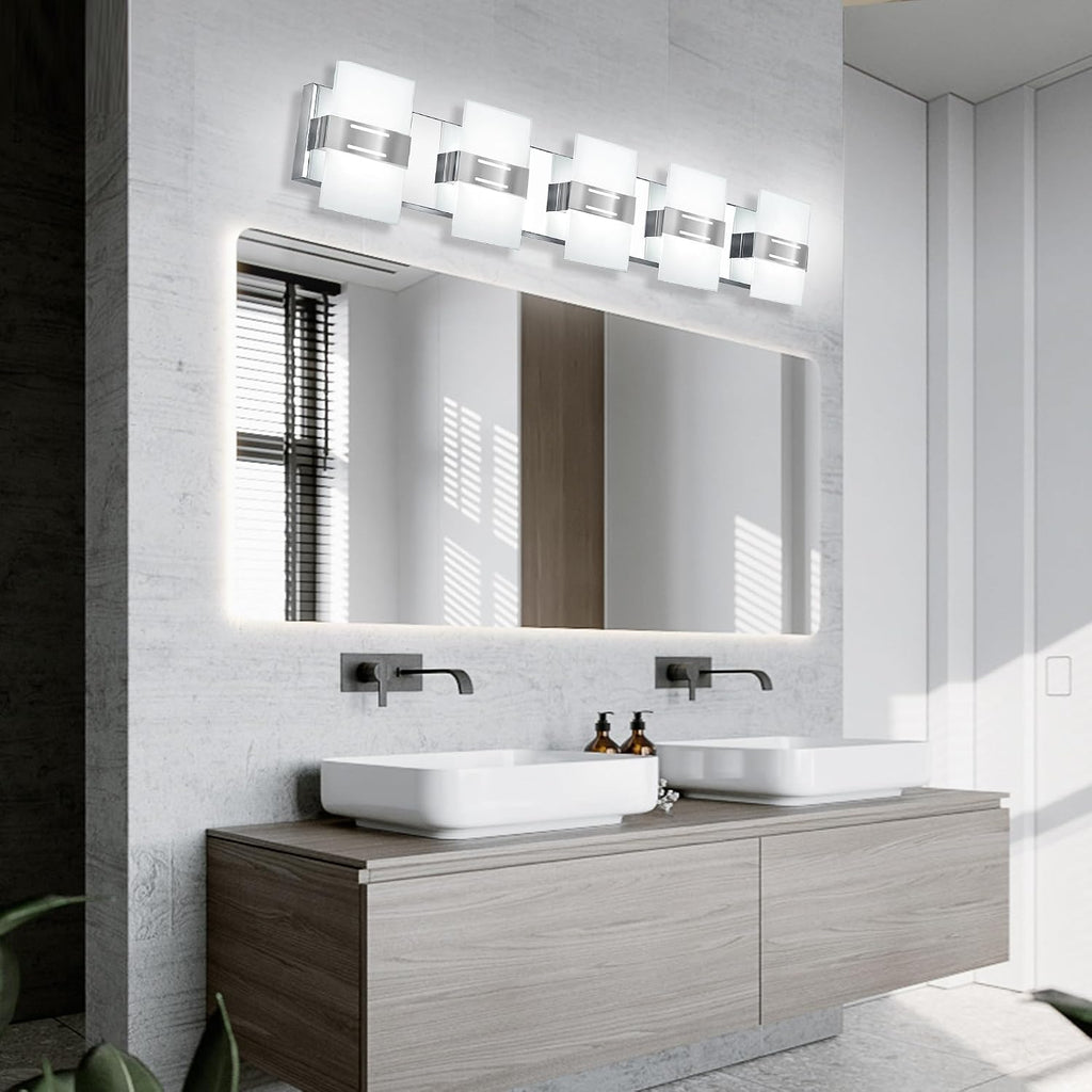 Modern Bathroom Vanity Light, Chrome Vanity Lights for Bathroom Lights Over Mirror with 5-Light Glass Grid Shade,39 Inch LED Dimmable Wall Light Fixtures 3000K/4500K/6000K Stainless Steel