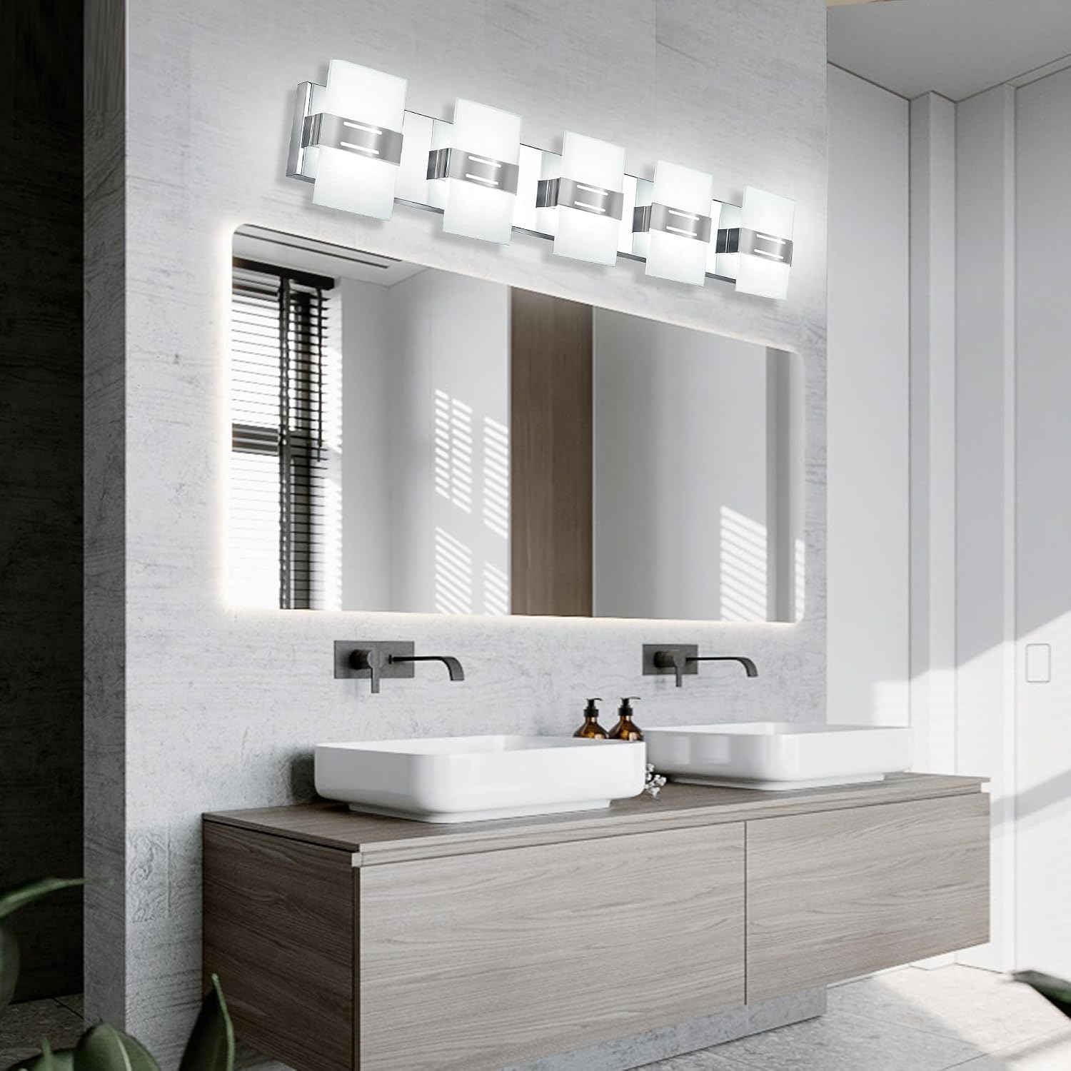 Modern Bathroom Vanity Light, Chrome Vanity Lights for Bathroom Lights Over Mirror with 5-Light Glass Grid Shade,39 Inch LED Dimmable Wall Light Fixtures 3000K/4500K/6000K Stainless Steel