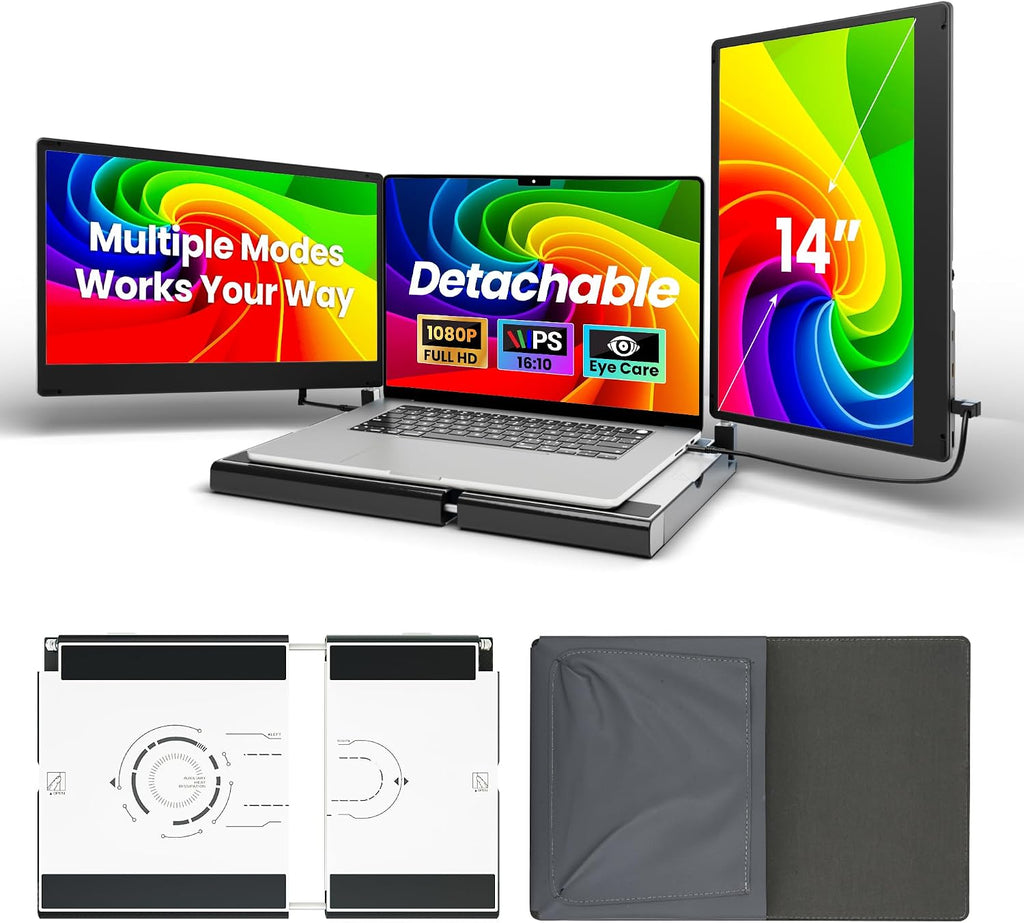 Laptop Screen Extender, 14' FHD 1080P Triple Portable Monitor for Laptops, Stretchable Base and Detachable Screen, Plug & Play, Monitor Extender for 13–17.3' Laptops, Compatible with Window/Mac/Chrome