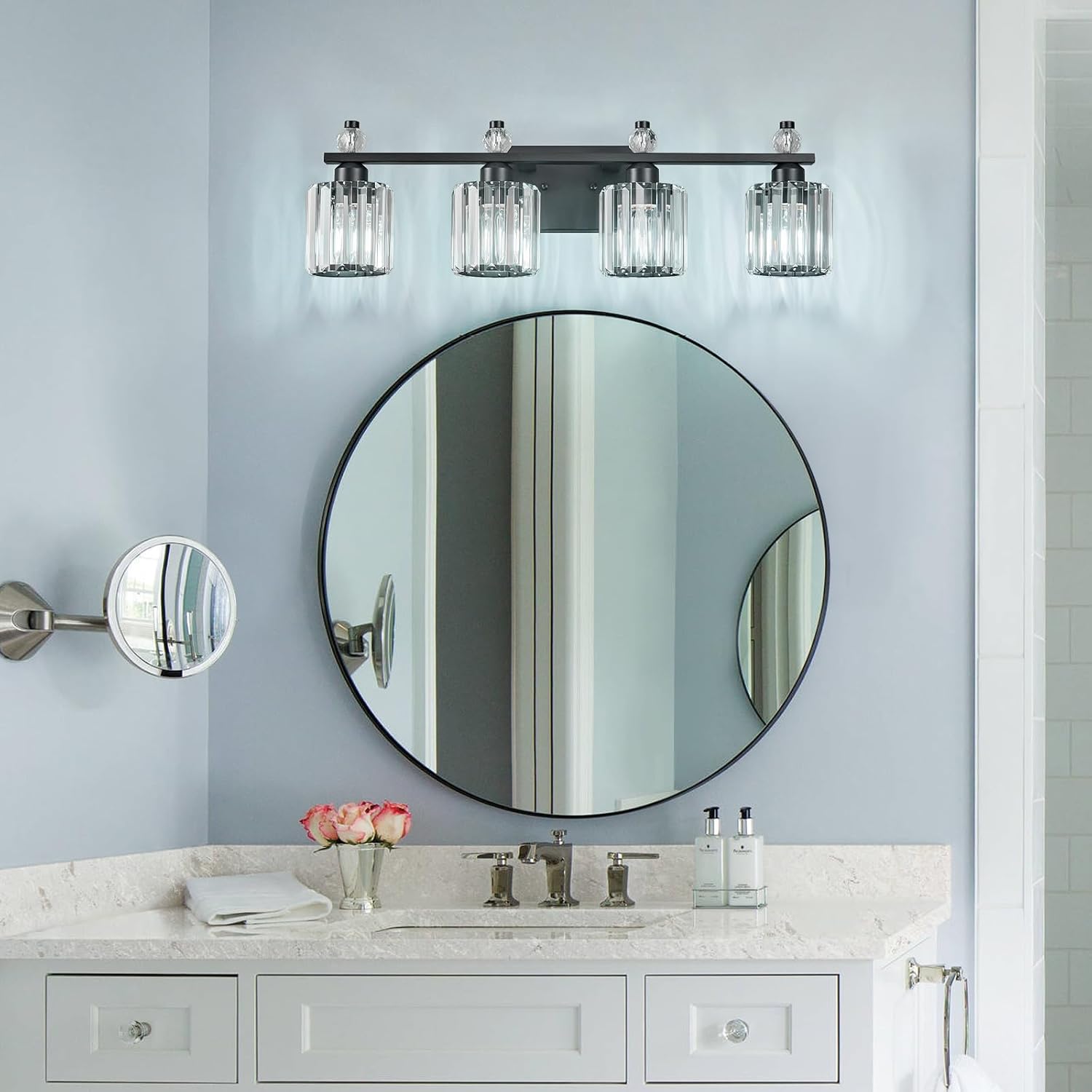 Bathroom Vanity Lights 4-Light Sand Black Modern Crystal Vanity Light Fixtures Over Mirror Crystal Bathroom Vanity Lighting Fixtures