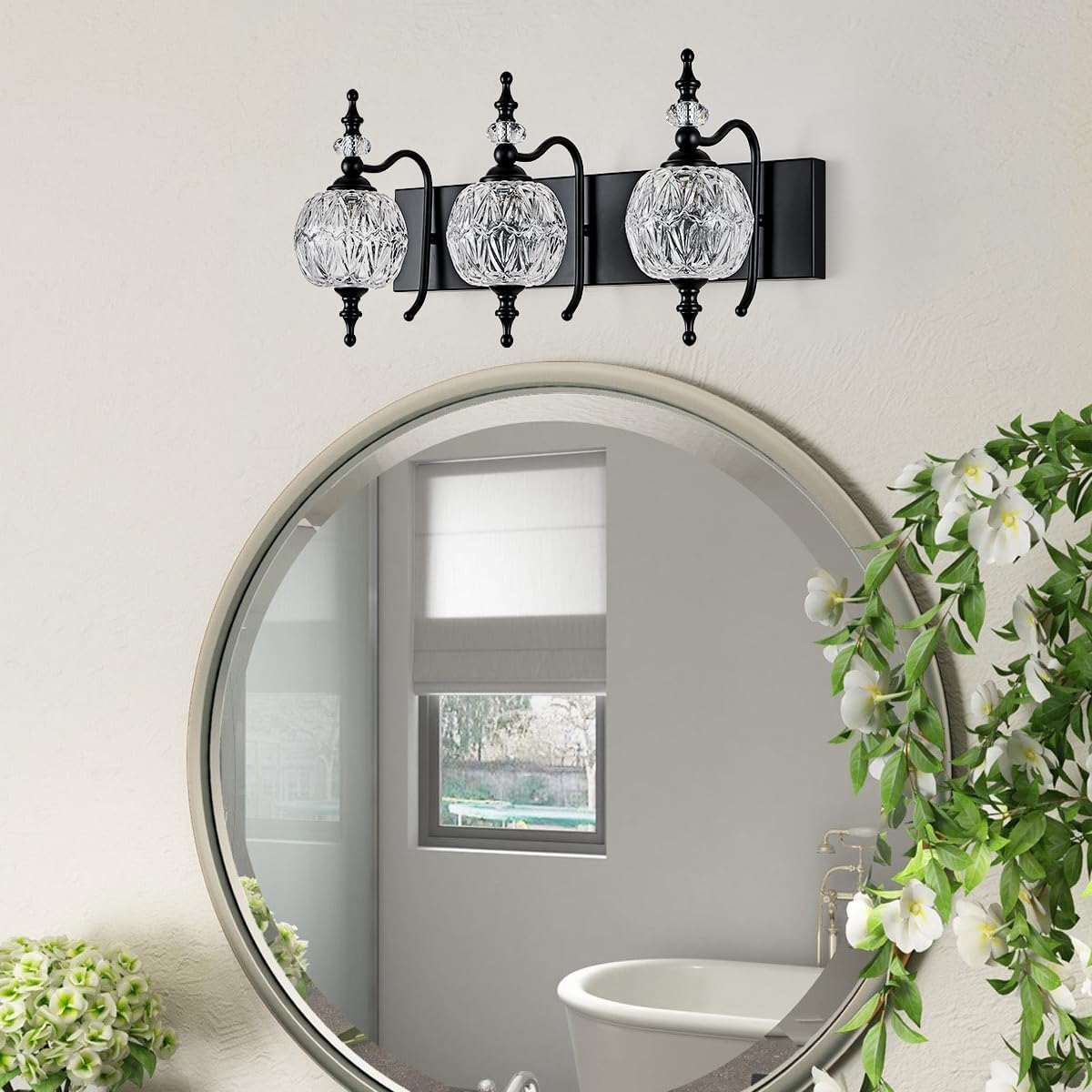 Vintage Black 3 Lights Bathroom Vanity Light Fixtures, Modern Bedhroom Lighting Painted Black Surface with Thick Crystal Glass Shade, Vintage Vanity Light for Bathroom Farmhouse Bedroom