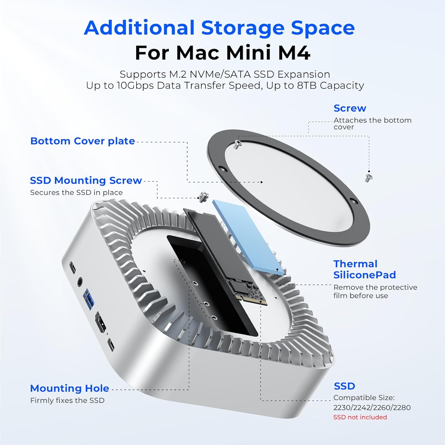 RayCue All-in-One Dock for Mac mini M4 with Smart Displays, NVMe/SATA SSD Enclosure, 4K60Hz HDMI, 10G USB-A/C, 5G USB-A*2, USB-C Charging, SD/TF, Audio – Mac mini M4 HUB &Docking Station(2024)
