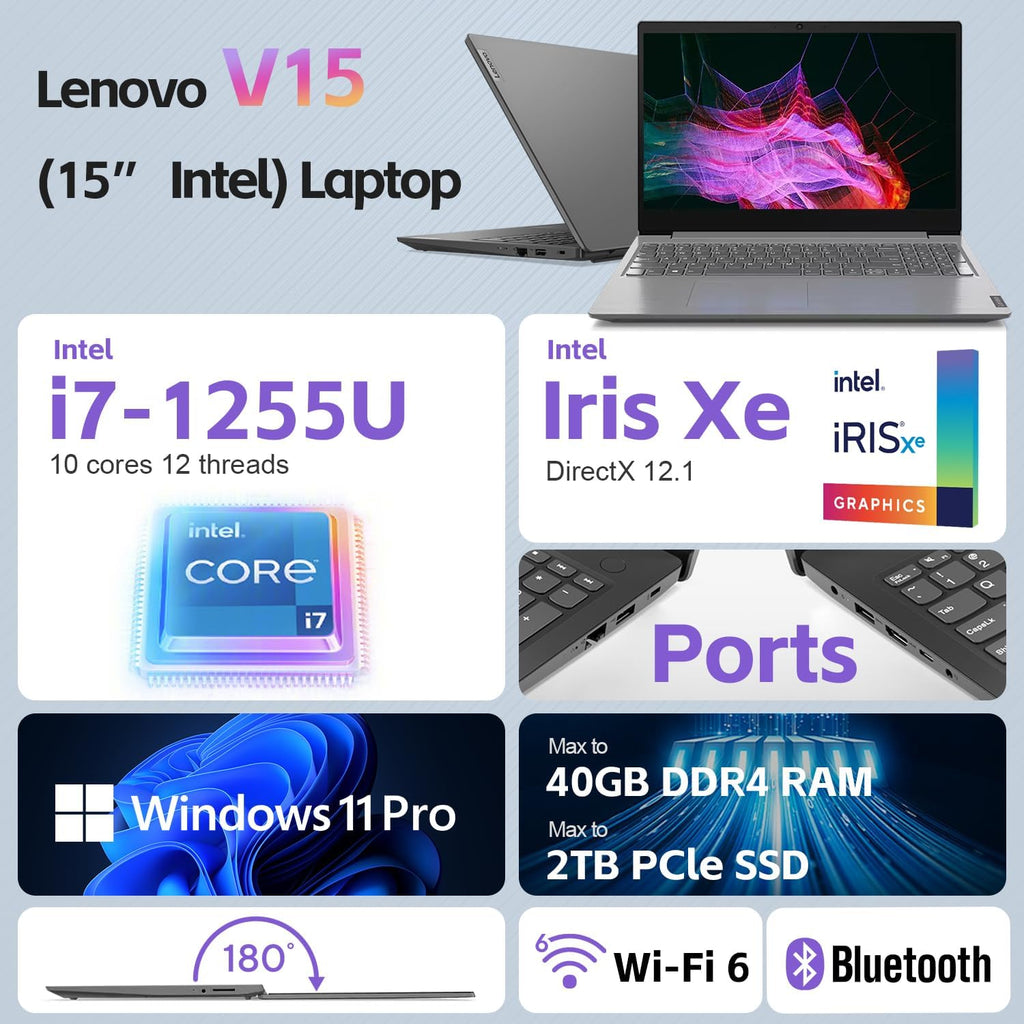Lenovo V15 Laptop for Business, Home, Student | 15.6' FHD Anti-Glare Display | Intel Core i7-1255U | 40GB RAM | 1TB SSD | HDMI | Type-C | RJ-45 | Numeric Keypad | Webcam | Wi-Fi 6 | Windows 11 Pro