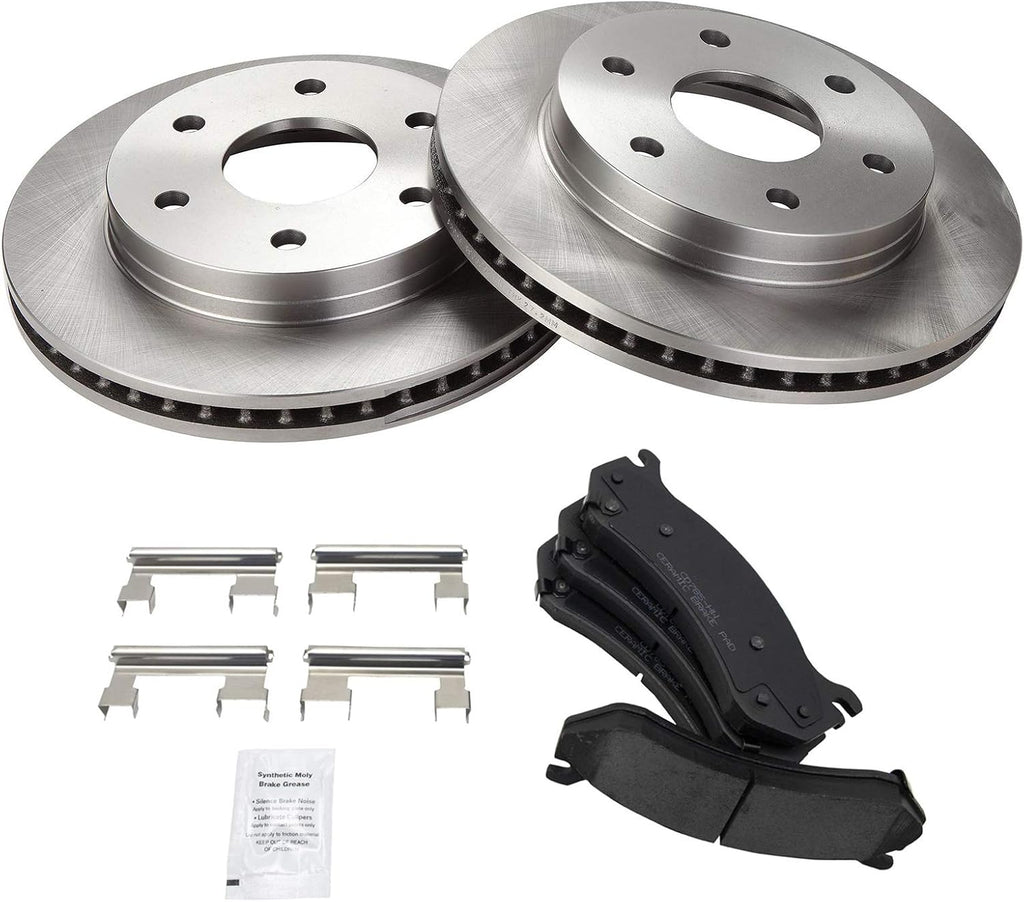 TRQ Front Brake Pad & Rotor Set Ceramic Compatible with 1999-2007 Chevy Silverado 2000-2006 Suburban Tahoe Yukon 2001-2006 GMC Sierra 2003-2005 Safari Astro 2002-2006 Cadillac Escalade Avalanche