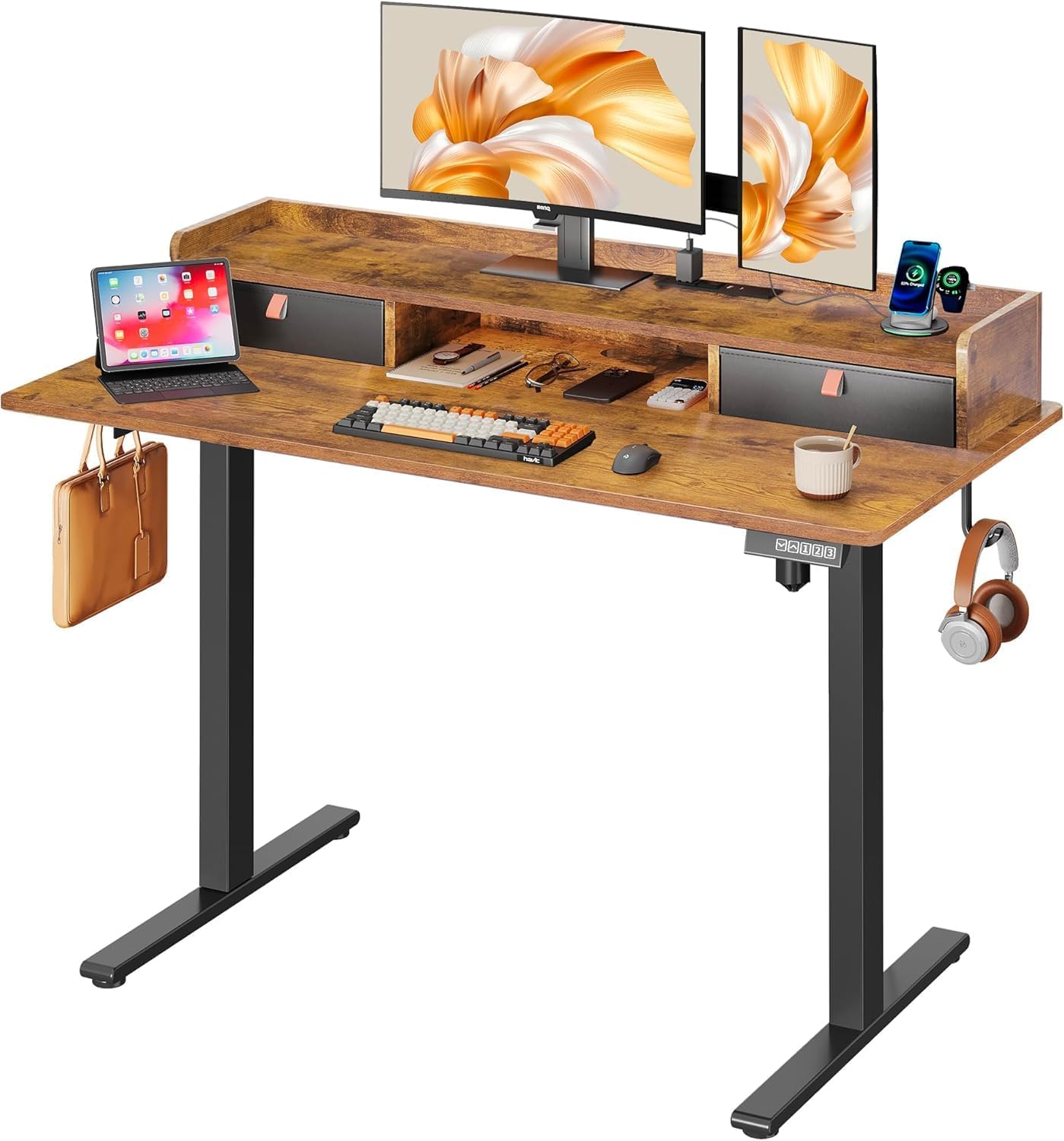 DEVAISE 48×24 Inches Electric Standing Desk with Drawers, Computer Desk with Adjustable Height, Storage Shelf, Built-in Power Outlets, Sit to Stand Desk for Home Office, Rustic Brown
