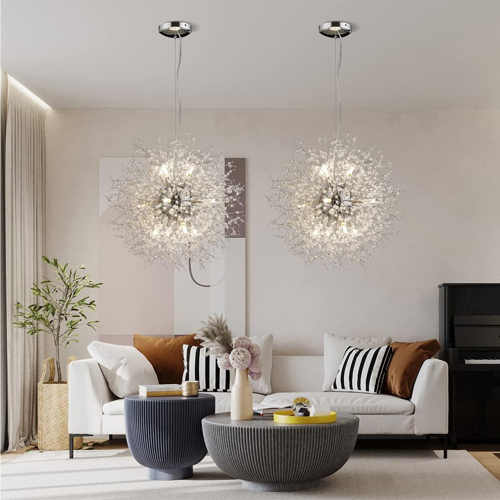 Modern Crystal Chandeliers Firework, 12-Light Chrome Stainless Steel Sputnik Chandelier, 21.6' Dandelion Pendant Ceiling Light Fixture for Bedroom Dining Room