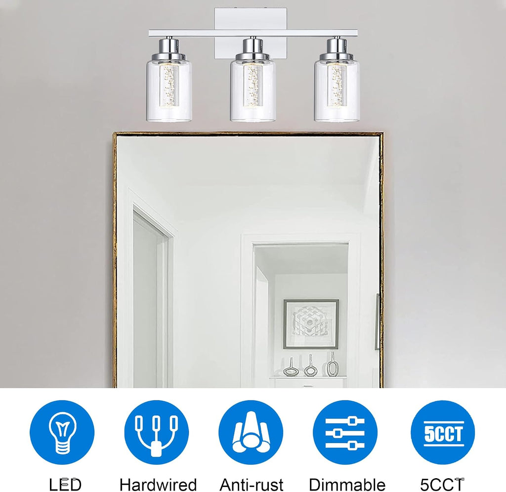 MELUCEE 5 Color Dimmable Vanity Lights 3 Light LED Bathroom Light Fixtures Chrome Bathroom Lights Over Mirror Wall Light Fixtures with Crystal Bubble Clear Glass Shade, Built-in LED Chips