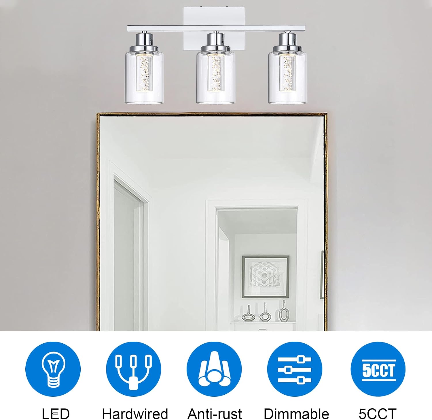 MELUCEE 5 Color Dimmable Vanity Lights 3 Light LED Bathroom Light Fixtures Chrome Bathroom Lights Over Mirror Wall Light Fixtures with Crystal Bubble Clear Glass Shade, Built-in LED Chips