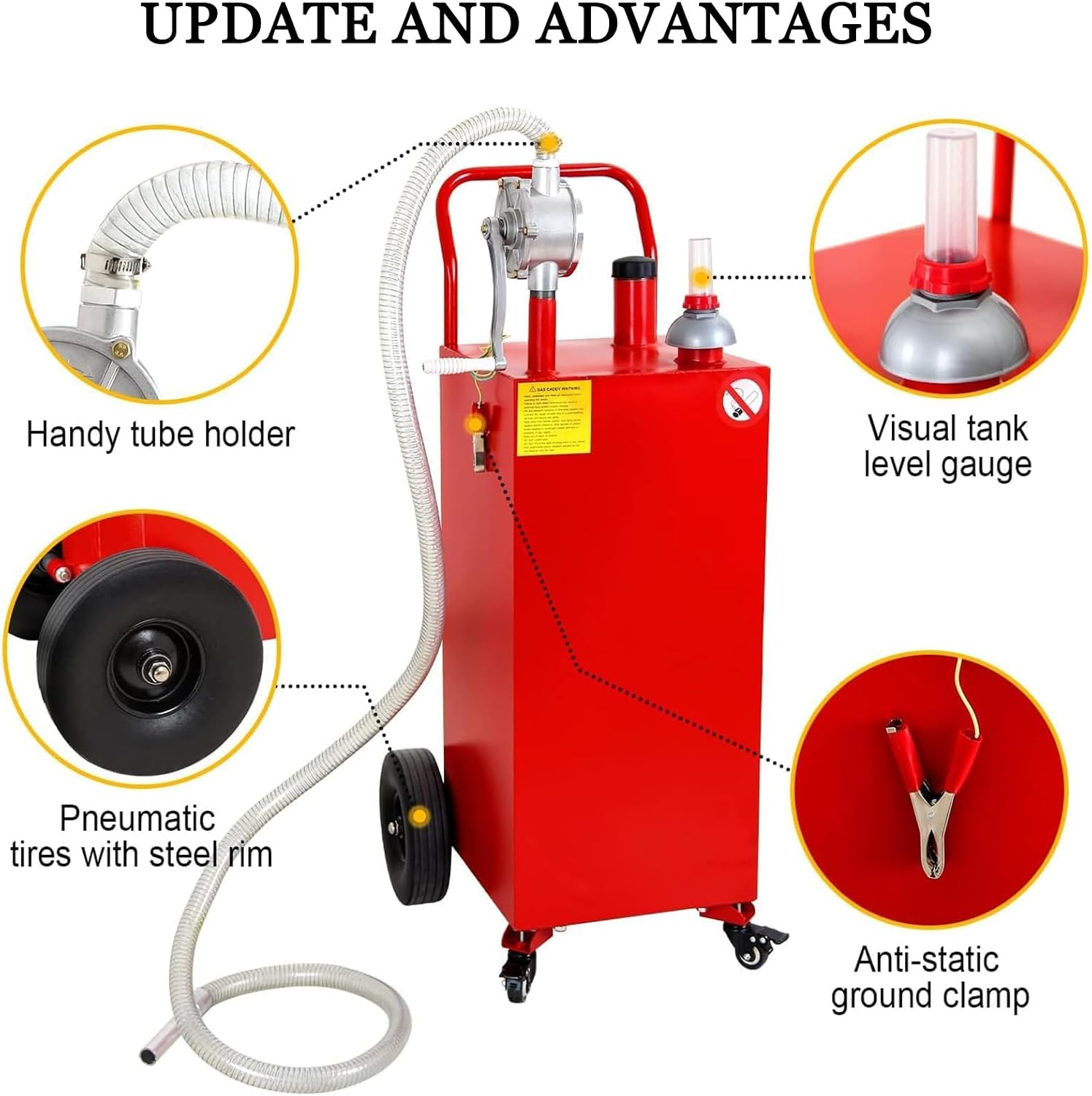 30 Gallon Gas Caddy with Pump on 4 Wheels, Portable Fuel Storage Tank, Manual Transfer Pump for Gasoline & Diesel, Stainless Steel for Cars, Lawn Mowers, ATVs, Boats