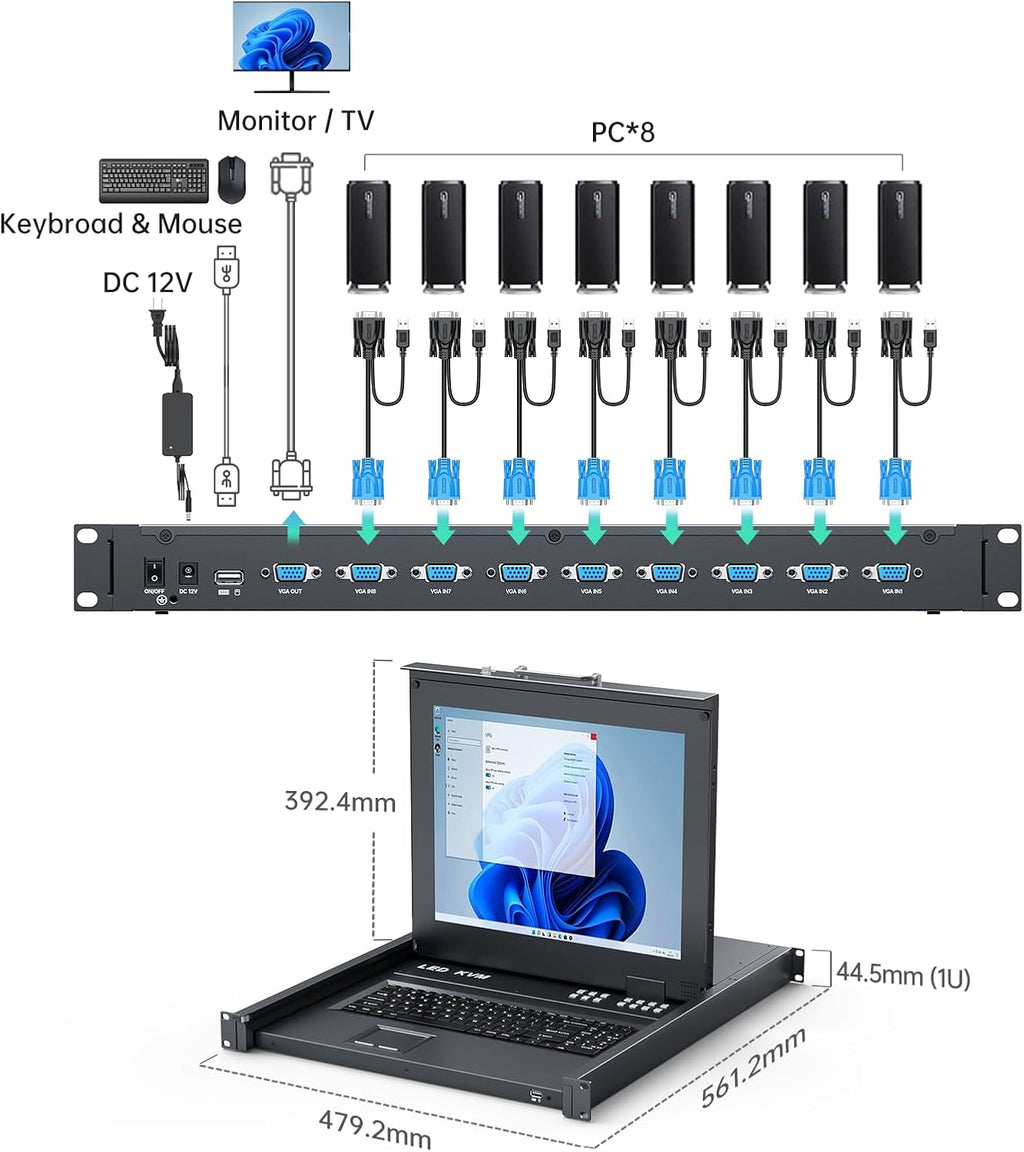 MT-Viki 17'' Rack Mount KVM Switch VGA 8 Port, Rackmount Monitor KVM Fit 1U 19'' Rack, 600-800mm(23.6~31.8'') Depth, Integrated with Keyboard+Touch pad+Drawer+8 KVM Cables