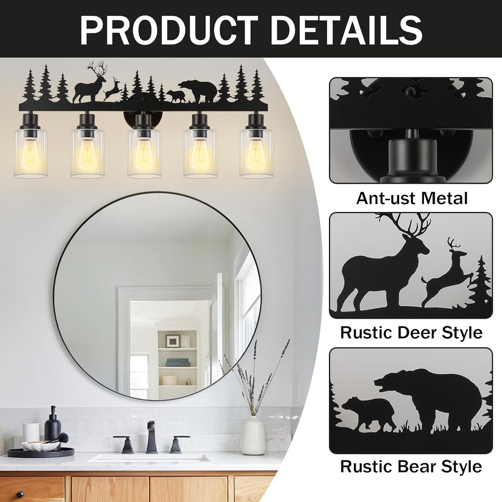 Rustic Bathroom Light Fixtures, 5-Light Farmhouse Vanity Lamp with Deer and Bear Design, Black Wall Lighting with Clear Glass Shade for Bathroom, Hallway, Kitchen, Porch