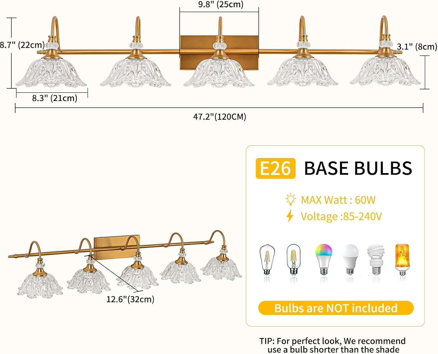 Vintage Bathroom Vanity Light, 5-Light Matte Brass Finish Vanity Light with Floral Clear Glass Shades, Retro Wall Mount Lighting for Bathroom, Dressing Table