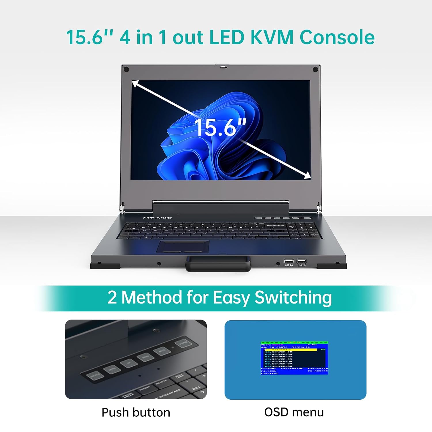 MT-VIKI Portable KVM Console (Crash Cart) 15.6' 4K LCD, HDMI/DP/VGA, Built-in Battery, for Server & Data Center Maintenance