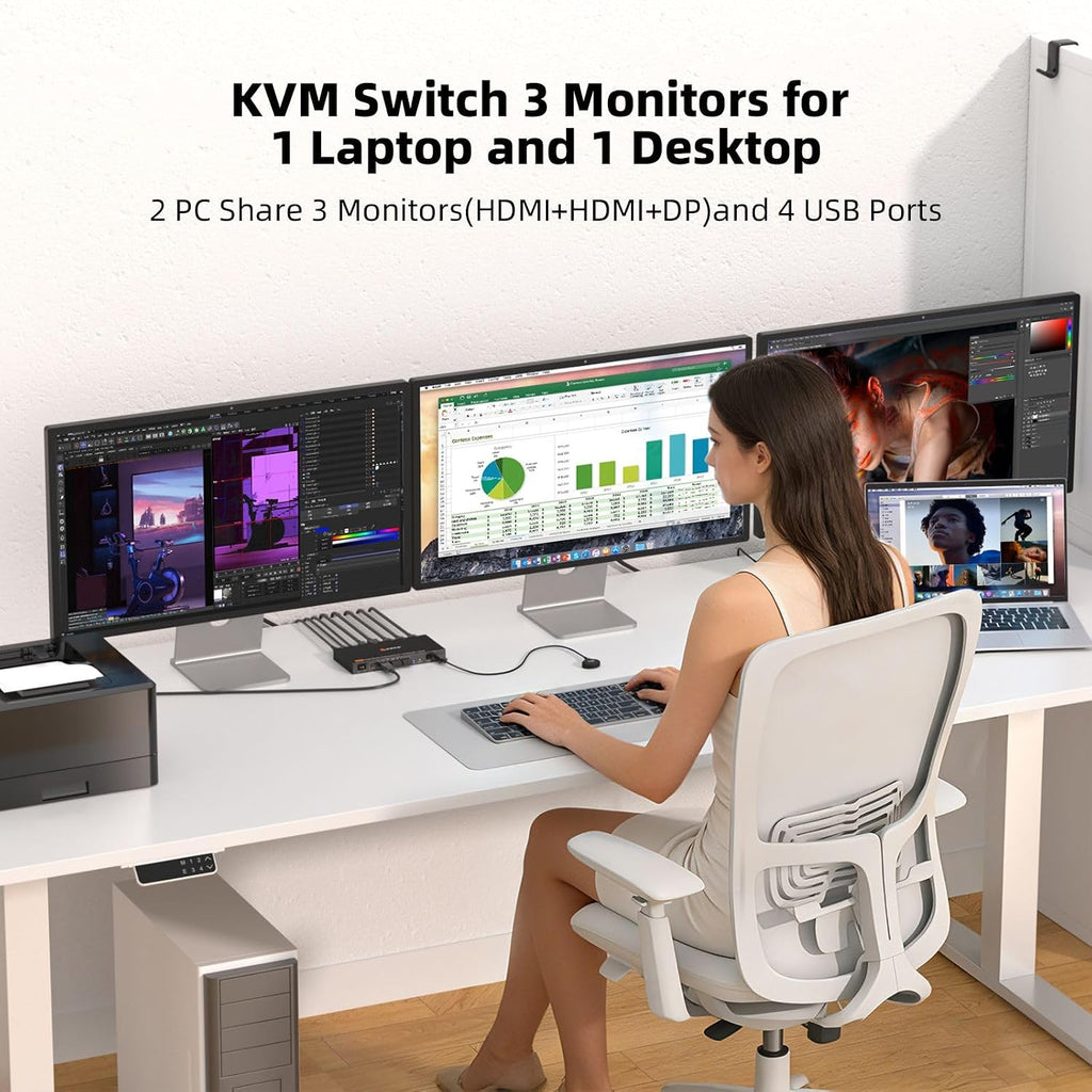 KCEVE Triple Monitor KVM Switch for 1 Laptop 1 Desktop, USB 3.1 KVM Switch 3 Monitors 2 Computer USB C HDMI DP Share 4 USB Device, 100W PD, 4K@60Hz, MST, Wired Remote(4K USB C DP HDMI 2 in 3 Out KVM)