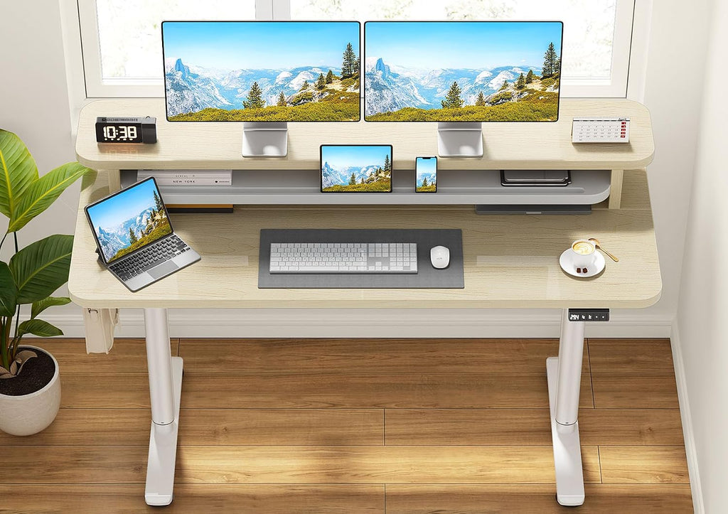 Flycity Electric Standing Desk with Dual Monitor Stand, Height Adjustable Desk Sit Stand Desk with Memory Controller, Casters & 2 Hooks, Low Noise Home Office Desk (Maple, 55' x 24')