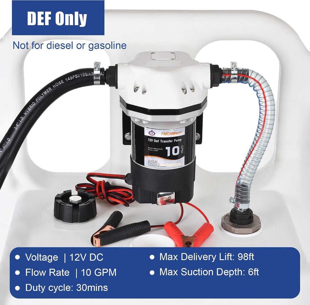 FMCNMech 32 Gallon Portable DEF Transfer Tank with 12V 10GPM Electric Pump, Dual-Wheel Design, Auto Shut-off Stainless Steel Nozzle, LLDPE Diesel Exhaust Fluid Caddy for Trucks, Farm Tractors & Fleets