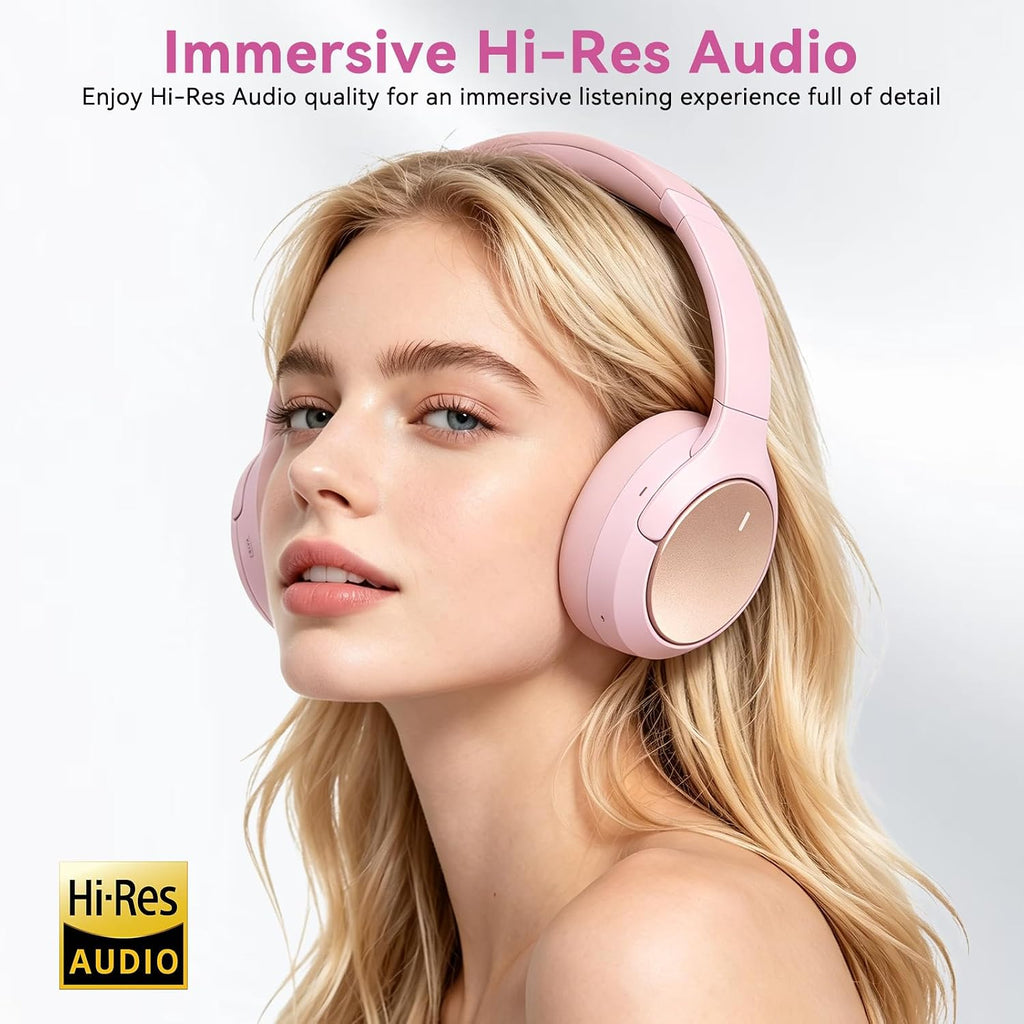 Hybrid ANC Wireless Over-Ear Headphones, 100H Playtime, Hi-Res Audio, Bluetooth 6.0, Multi-Mode Noise Cancellation, Comfort Fit, iOS & Android Compatible, Foldable Design, Travel-Friendly (Pink)