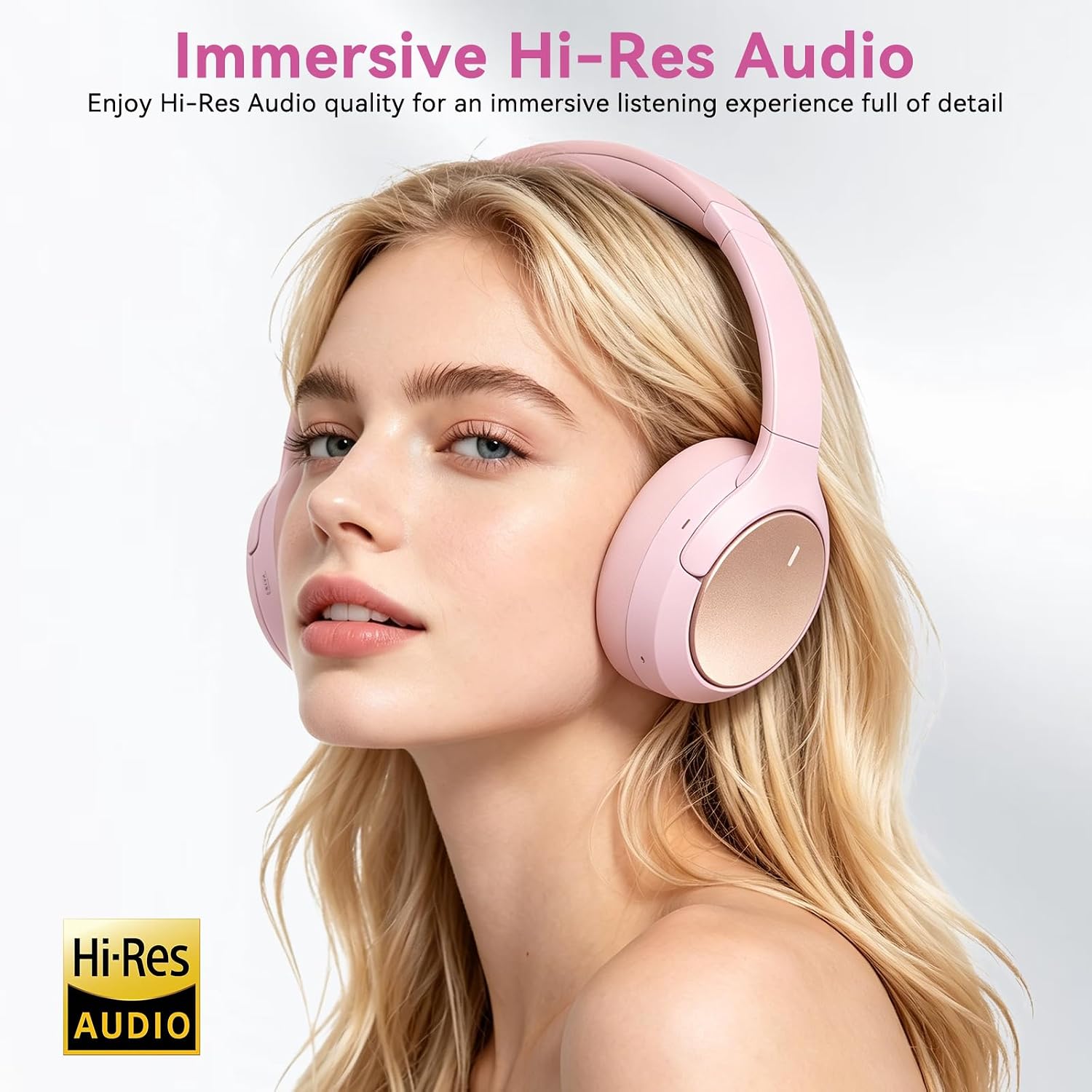 Hybrid ANC Wireless Over-Ear Headphones, 100H Playtime, Hi-Res Audio, Bluetooth 6.0, Multi-Mode Noise Cancellation, Comfort Fit, iOS & Android Compatible, Foldable Design, Travel-Friendly (Pink)