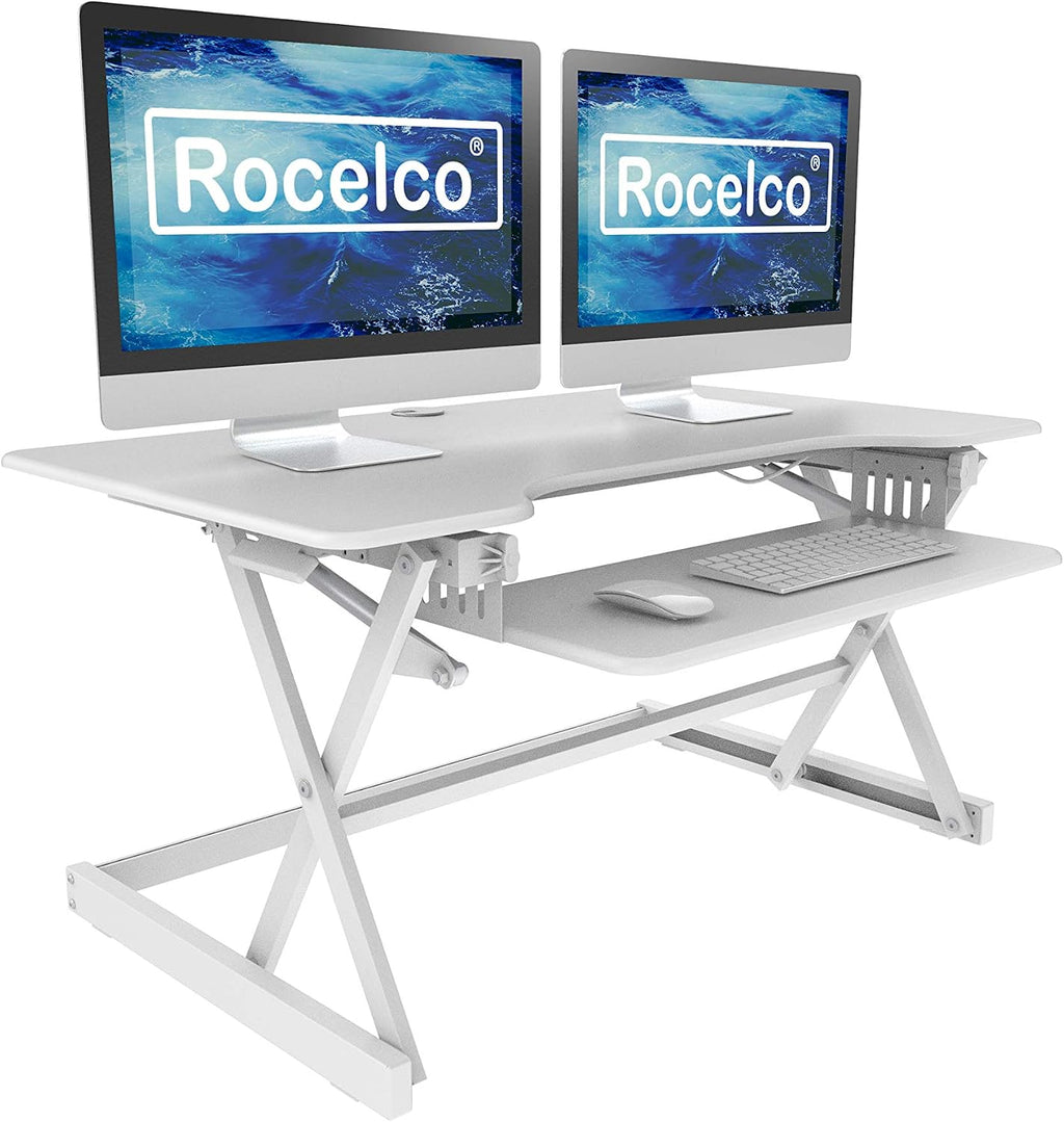 Rocelco 40' Large Height Adjustable Standing Desk Converter - Quick Sit Stand Up Dual Monitor Riser - Gas Spring Assist Computer Workstation - Retractable Keyboard Tray - White (R DADRW-40)