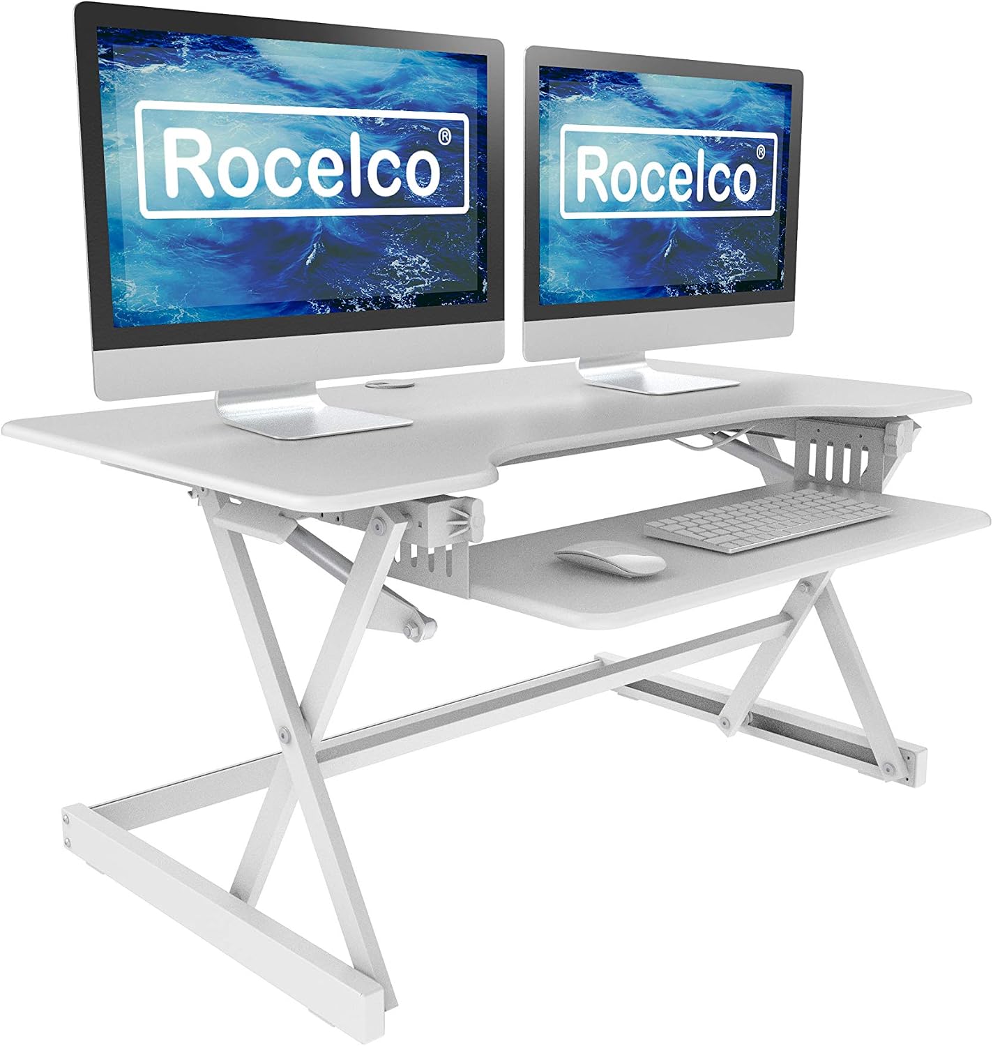 Rocelco 40' Large Height Adjustable Standing Desk Converter - Quick Sit Stand Up Dual Monitor Riser - Gas Spring Assist Computer Workstation - Retractable Keyboard Tray - White (R DADRW-40)
