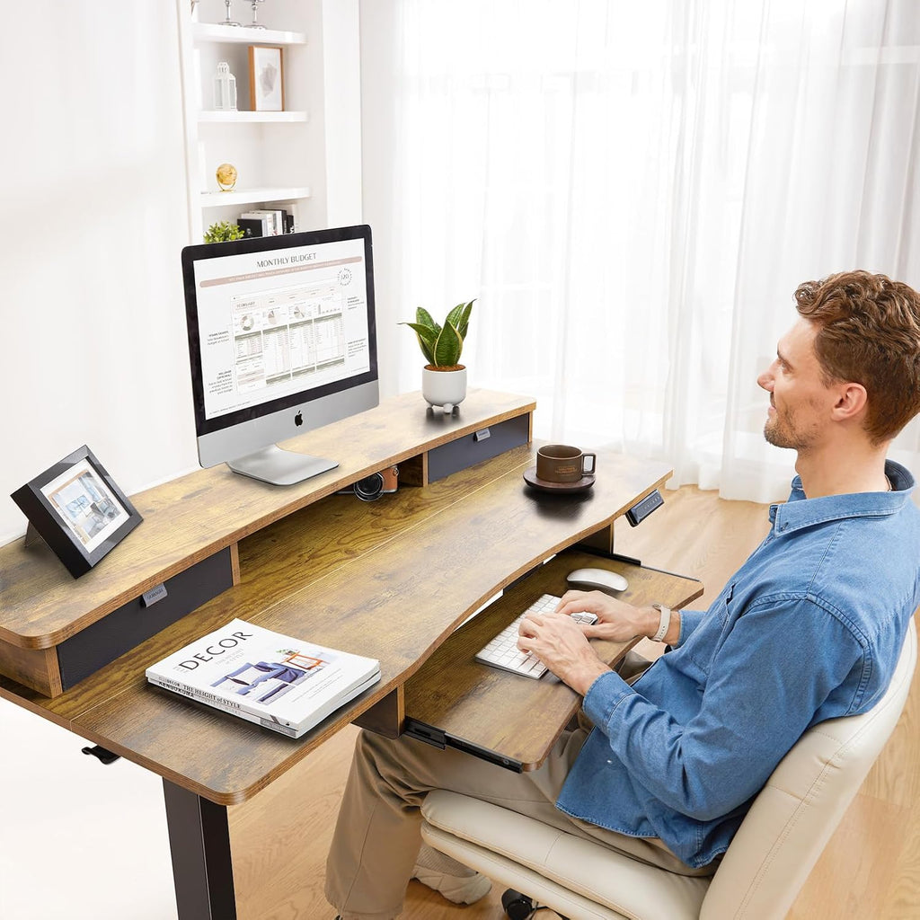 HUANUO 48' x 26' Electric Standing Desk with 2 Drawers & 26.7' Large Keyboard Tray, C-Clamp Mount Compatible, Adjustable Computer Desk for Home Office, Stand Up Desk with 4 Height Presets, Vintage