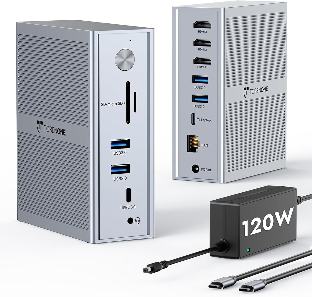 TobenONE USB C Docking Station for 3 Monitors 4K, Triple Monitor DisplayLink Dock with 120W Power Adapter, for MacBook M1-M5/Mac mini/Windows/Chrome, 3x HDMI, 5x USB, Gigabit Ethernet, Driver Required