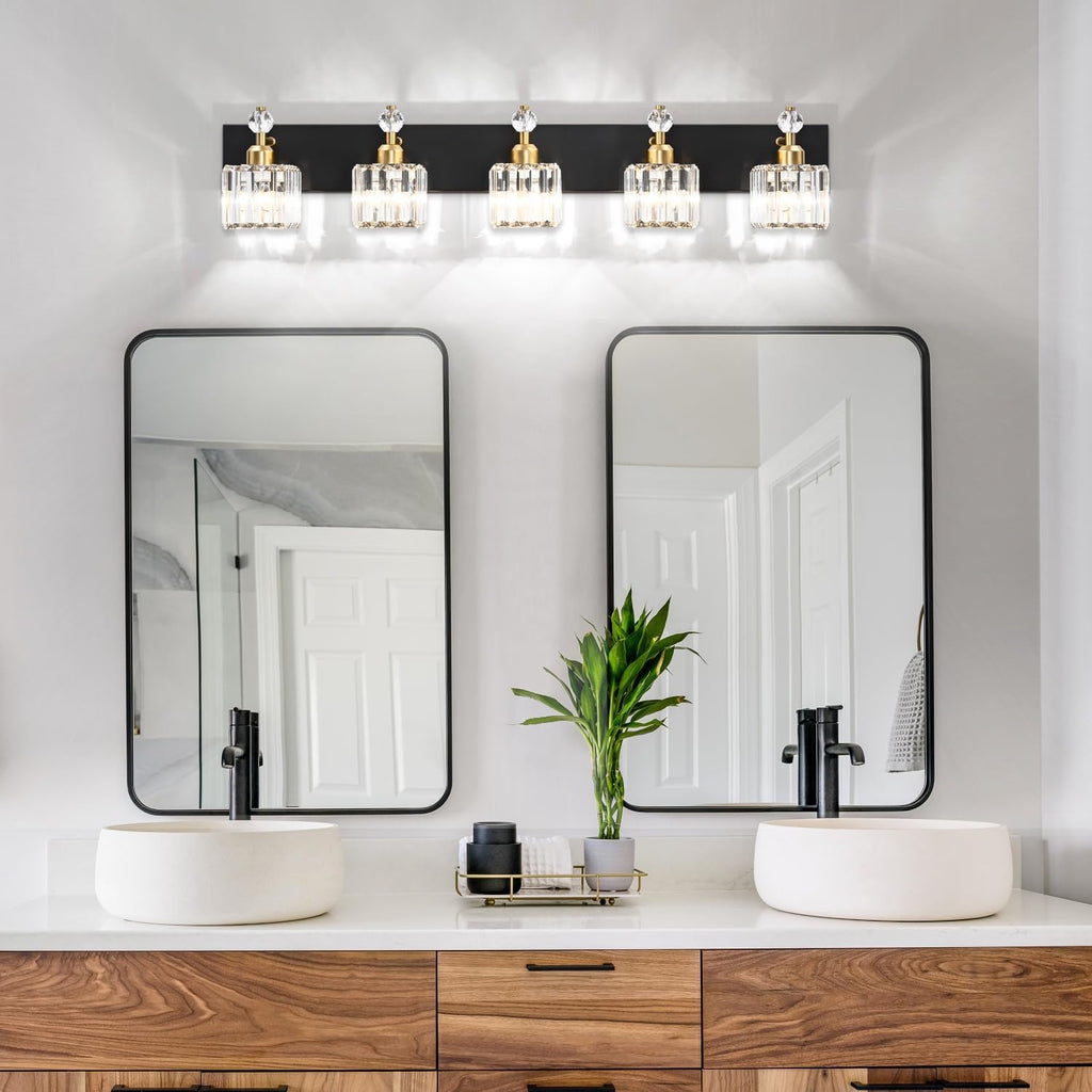 PRESDE Crystal 5 Light Bathroom Vanity Lights Modern Black and Gold Bathroom Lights Fixtures Over Mirror Modern Bath Wall Lighting