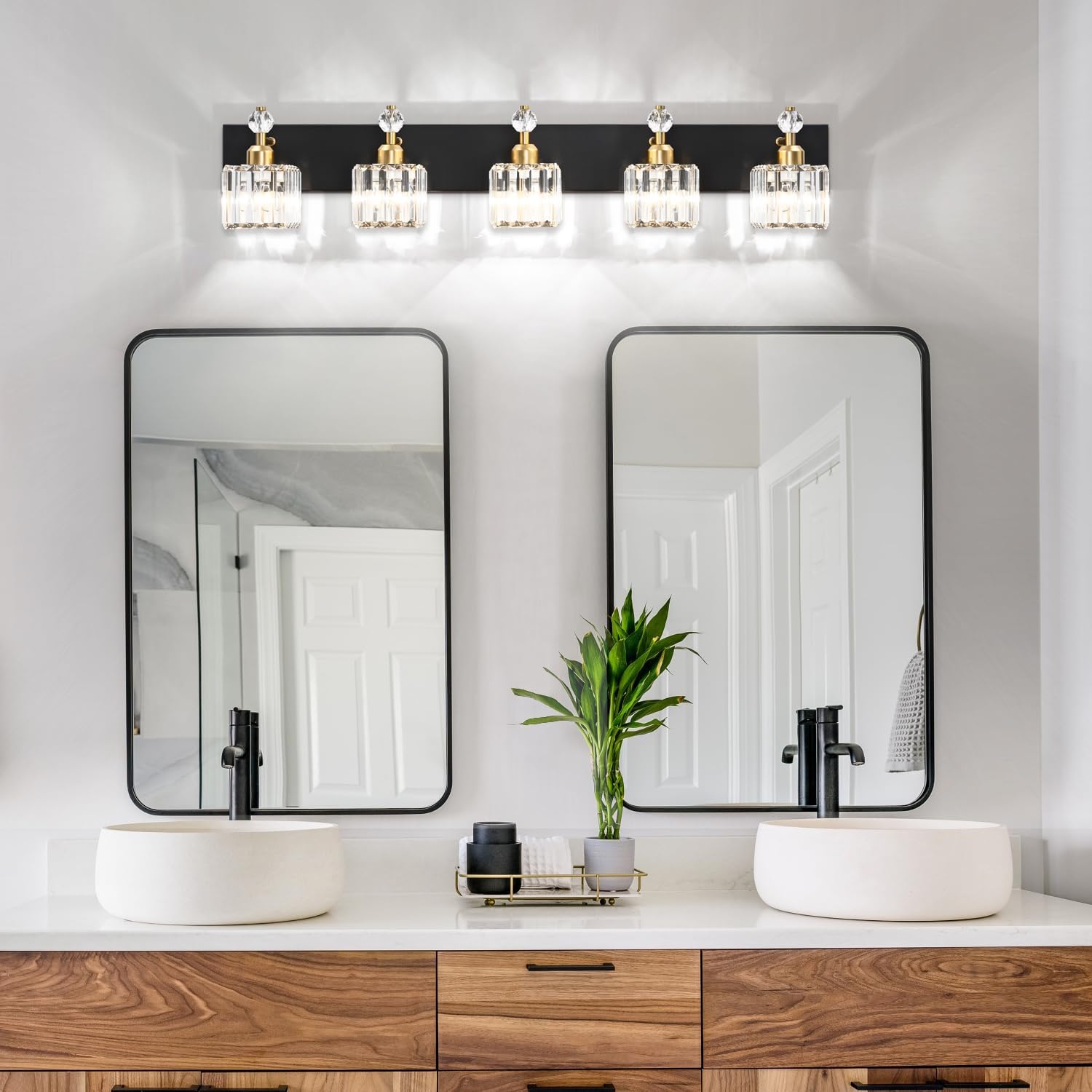 PRESDE Crystal 5 Light Bathroom Vanity Lights Modern Black and Gold Bathroom Lights Fixtures Over Mirror Modern Bath Wall Lighting