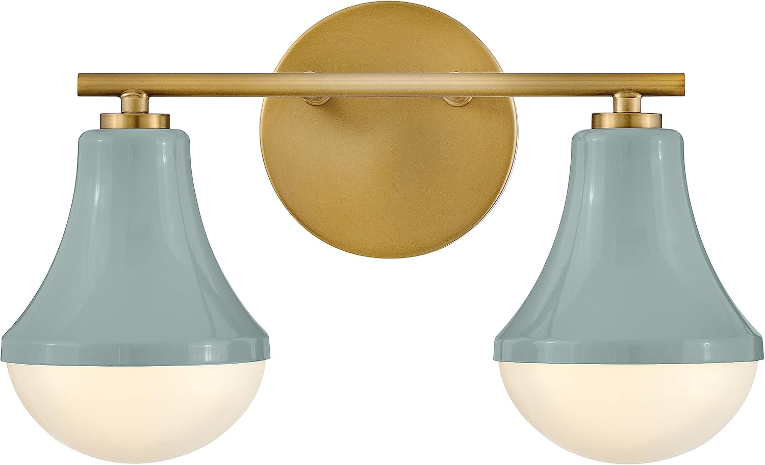 Lark Haddie 85512SF Modern Two-Light Bath Vanity, Fixture Mounts Up or Down, Shades Secured in Place, Seafoam and Lacquered Brass
