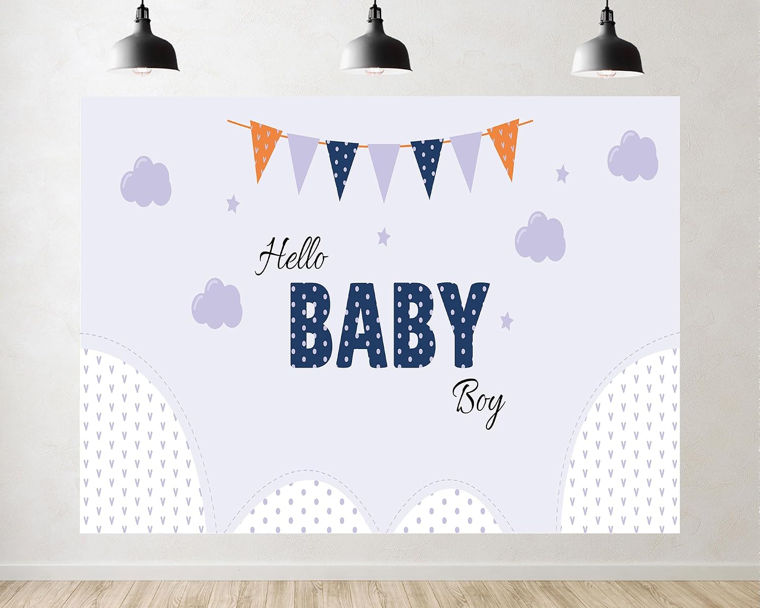 Trykid 20x10ft Hello Baby Boy Photography Backdrop Baby Shower Party Decorations Background Clouds Bunting Hills for Newborn Kids Gender Neutral Events Photoshoot Studio Props Fabric