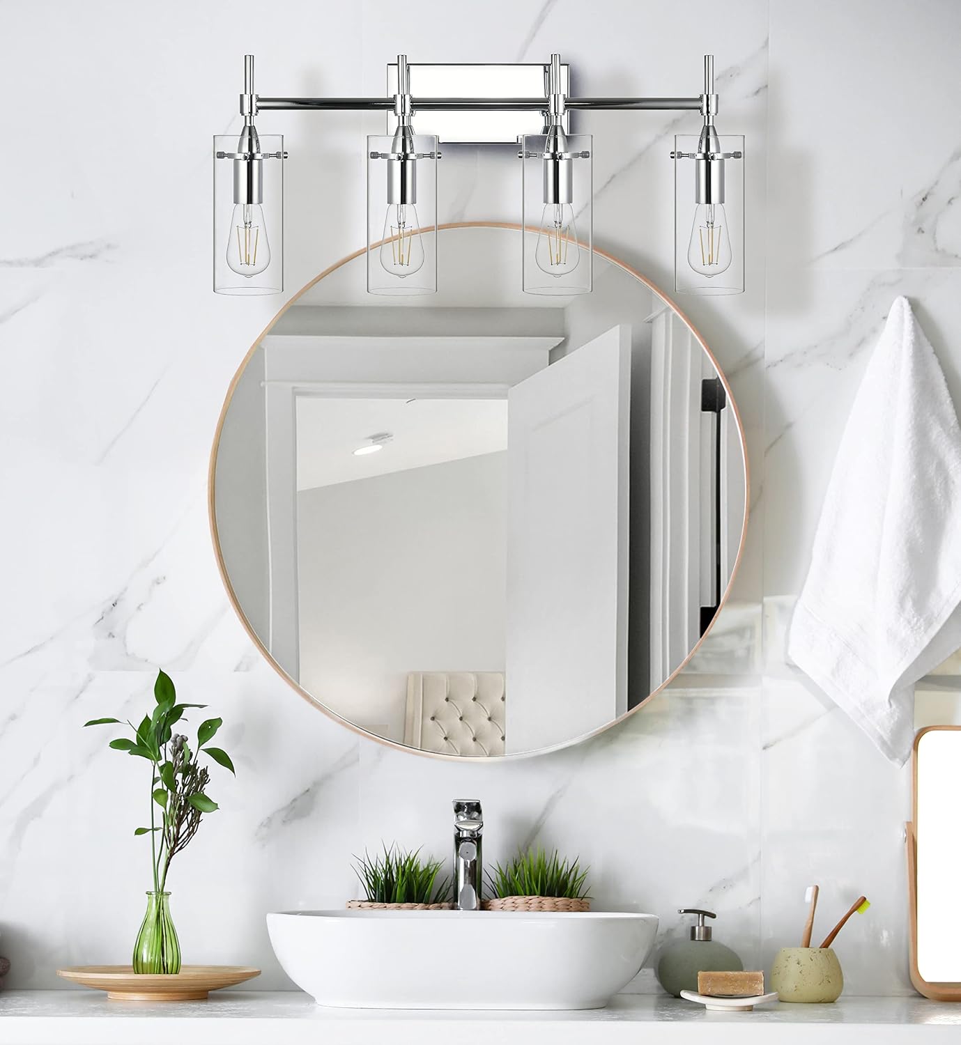 Linea di Liara Effimero Modern Farmhouse Bathroom Vanity Lights Fixtures 4 Lights Over Mirror Chrome Vanity Lights for Bathroom Light Fixtures Industrial Lighting Clear Glass Covers, UL Listed