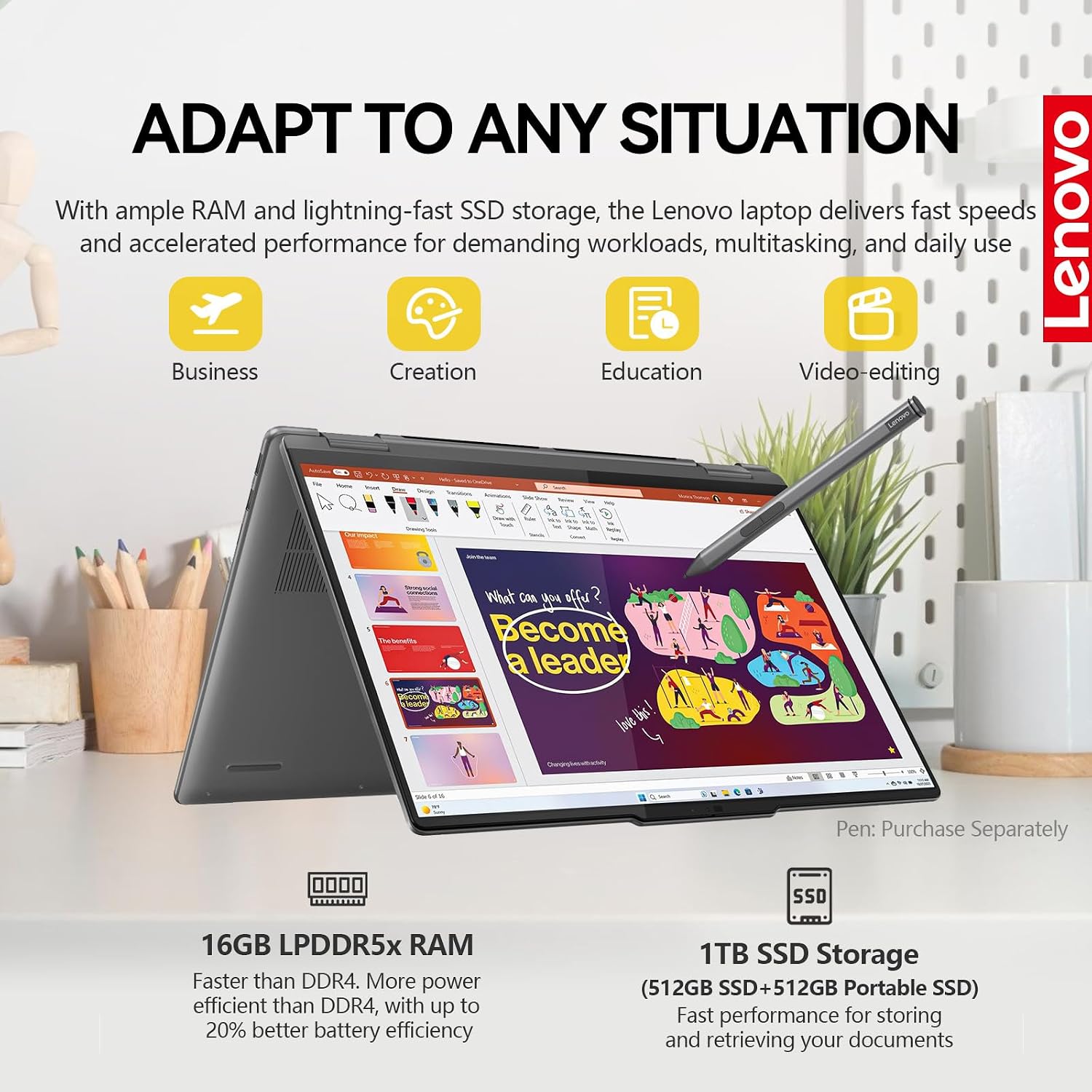 Lenovo Yoga 7i 2 in 1 Laptop Touchscreen, 16' FHD+ 360 Foldable Touch Screen Convertible, Intel Core Ultra 7, Windows 11 Laptop |Backlit |Fingerprint |YGYTEaccessory|16GB DDR5 RAM 512GB SSD+512GB PSSD