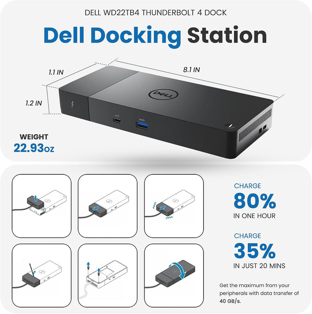 Dell WD22TB4 Thunderbolt 4 Dock 180W - 40Gbps, 3-Year Warranty, USB-C/USB-A Dell Docking Station with 180W Adapter + Techtray Cables & Cloth - Supports Dual/Triple Monitor & 4K Displays (New)