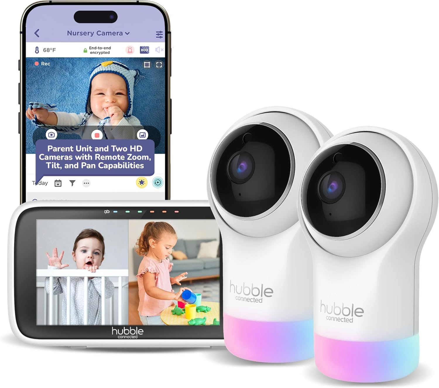 HUBBLE CONNECTED Nursery Pal Glow+ Twin — 7-in-1 Baby Monitor with Camera and Audio, 7-Color Night Light, Sleep Trainer, Secure Remote Access, with 2X Full HD Baby Monitor Cameras and 5' Parent Unit