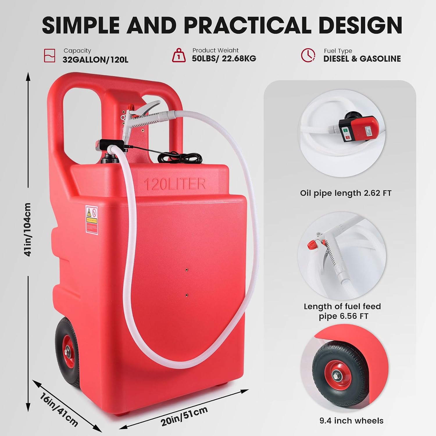 32 Gallon Fuel Caddy, Portable Gas Storage with Battery Powered Transfer Pump, Hose & 2 Wheels, Gasoline Diesel Fuel Container for Cars, ATVs, Boats, Lawn Mowers, Red