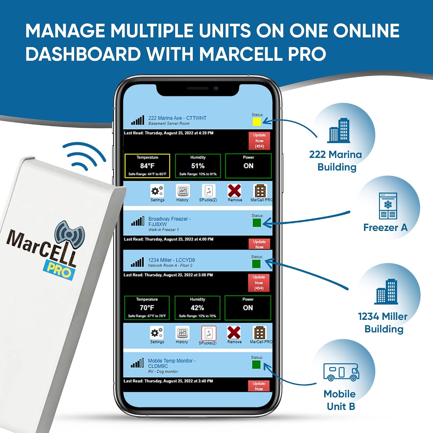MarCELL PRO - Professional Level Remote Temperature, Humidity & Power Monitor - No WiFi Needed (Uses AT&T Network) - RV, Network Room, Freezer, Home - Instant Phone Call Alerts - Made in the USA